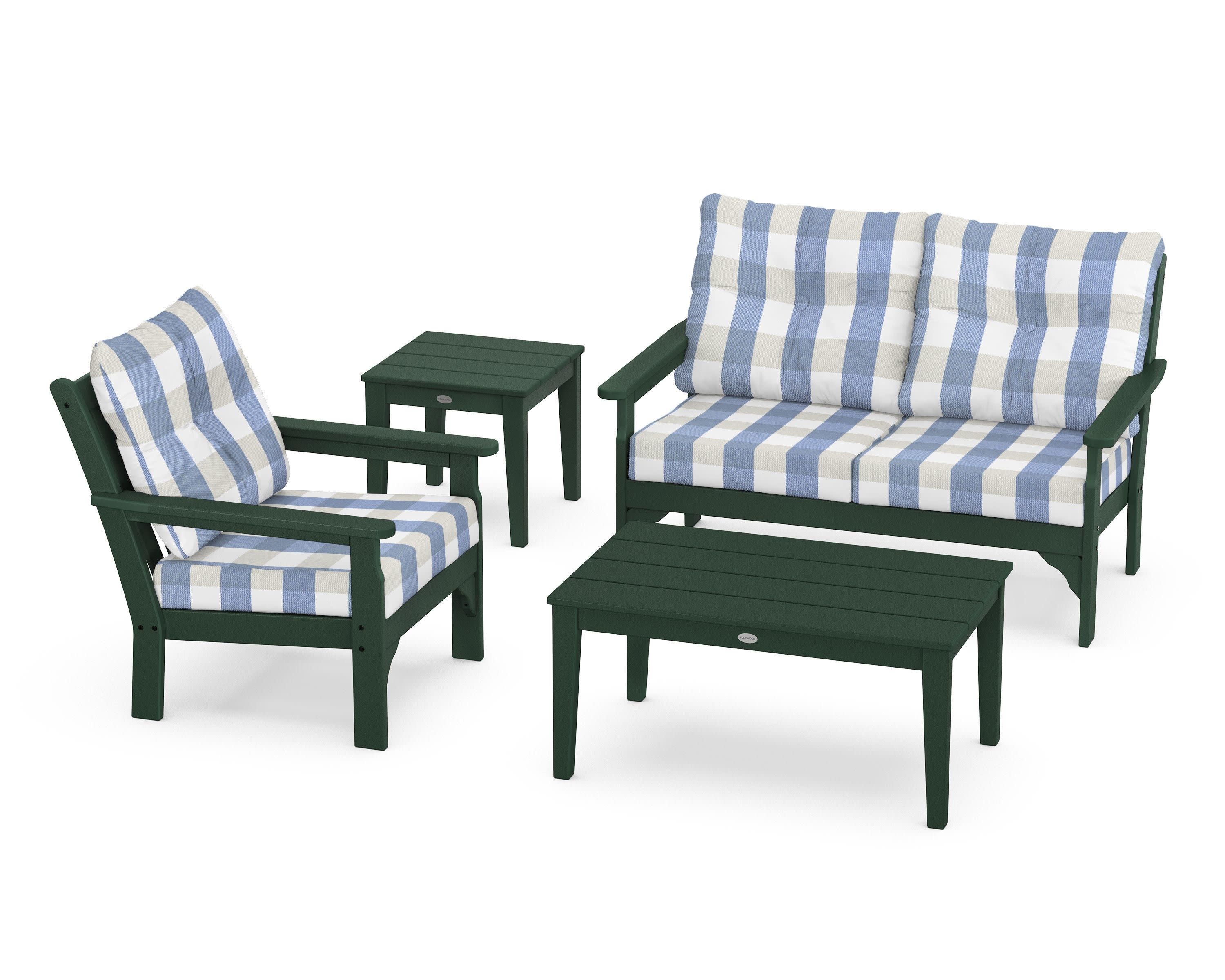 Vineyard 4-Piece Deep Seating Set in Green / Buffalo Plaid Sky Blue