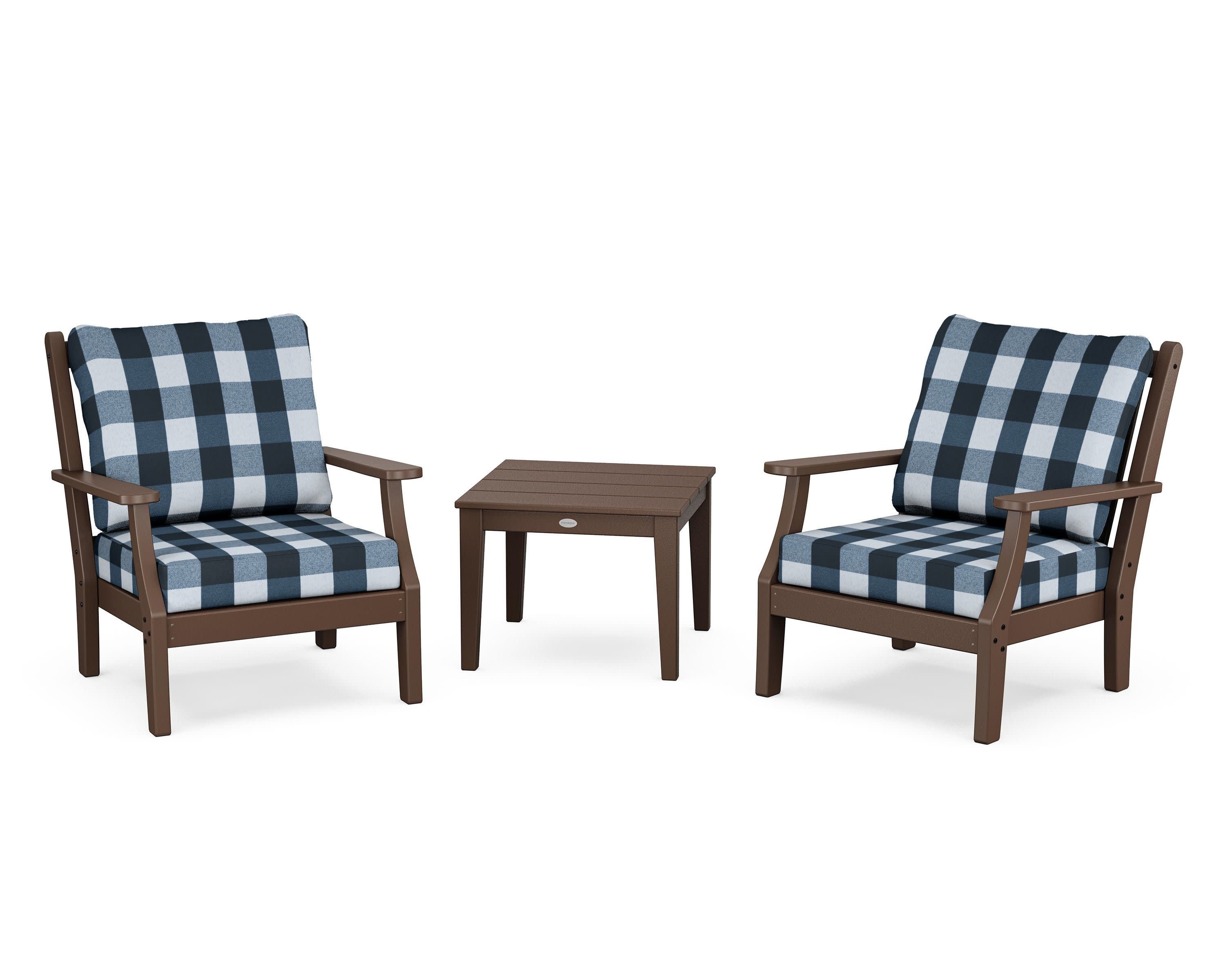Wovendale 3-Piece Deep Seating Set in Mahogany / Buffalo Plaid Marine Indigo