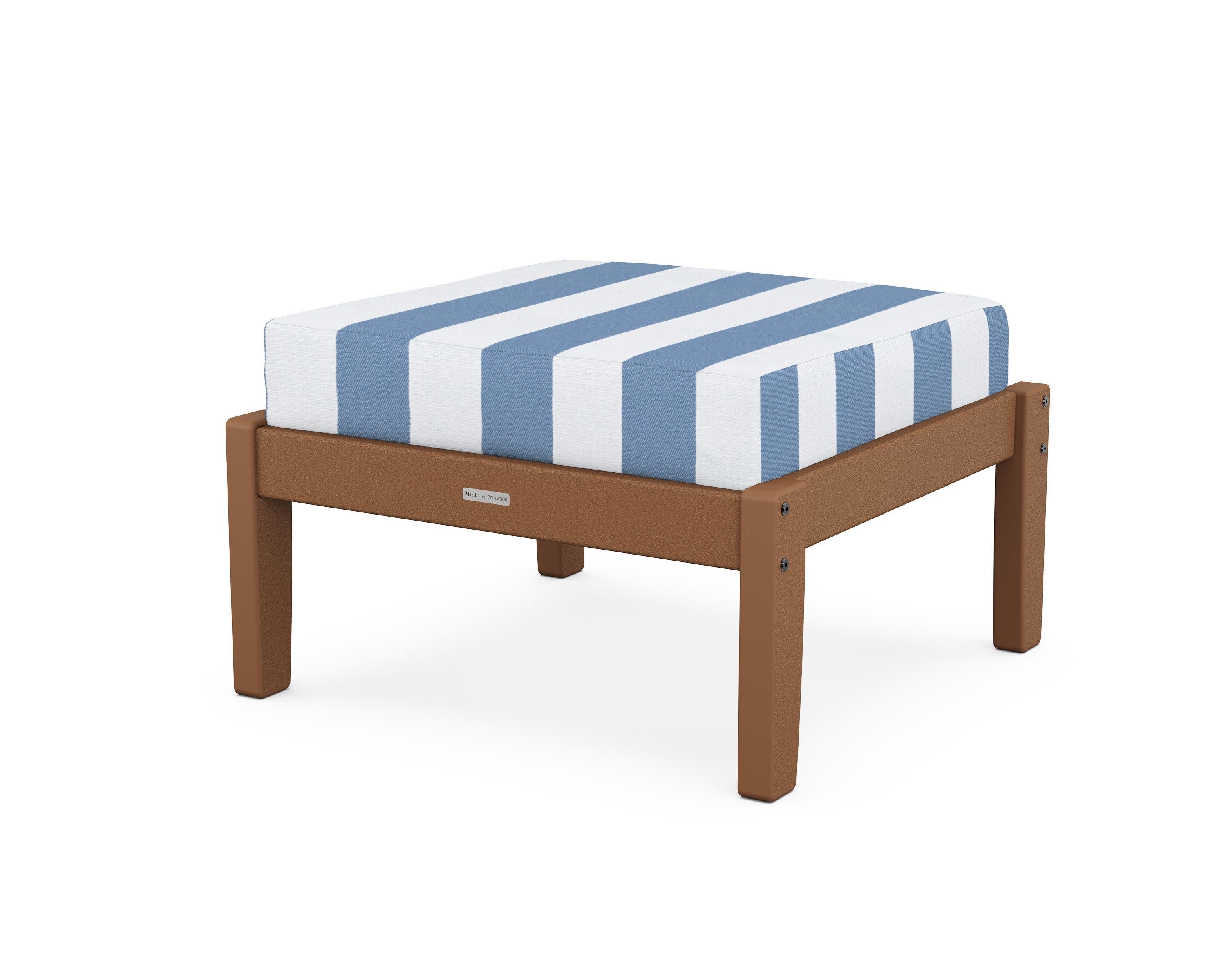 Chinoiserie Deep Seating Ottoman in Teak / Cabana Stripe Sky Blue