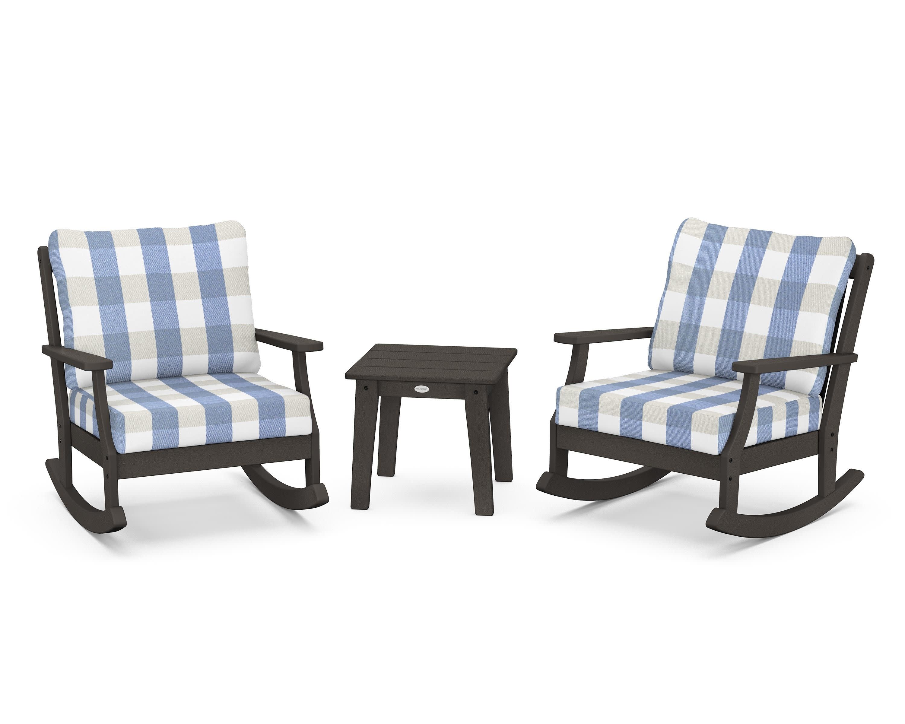 Braxton 3-Piece Deep Seating Rocker Set in Vintage Coffee / Buffalo Plaid Sky Blue
