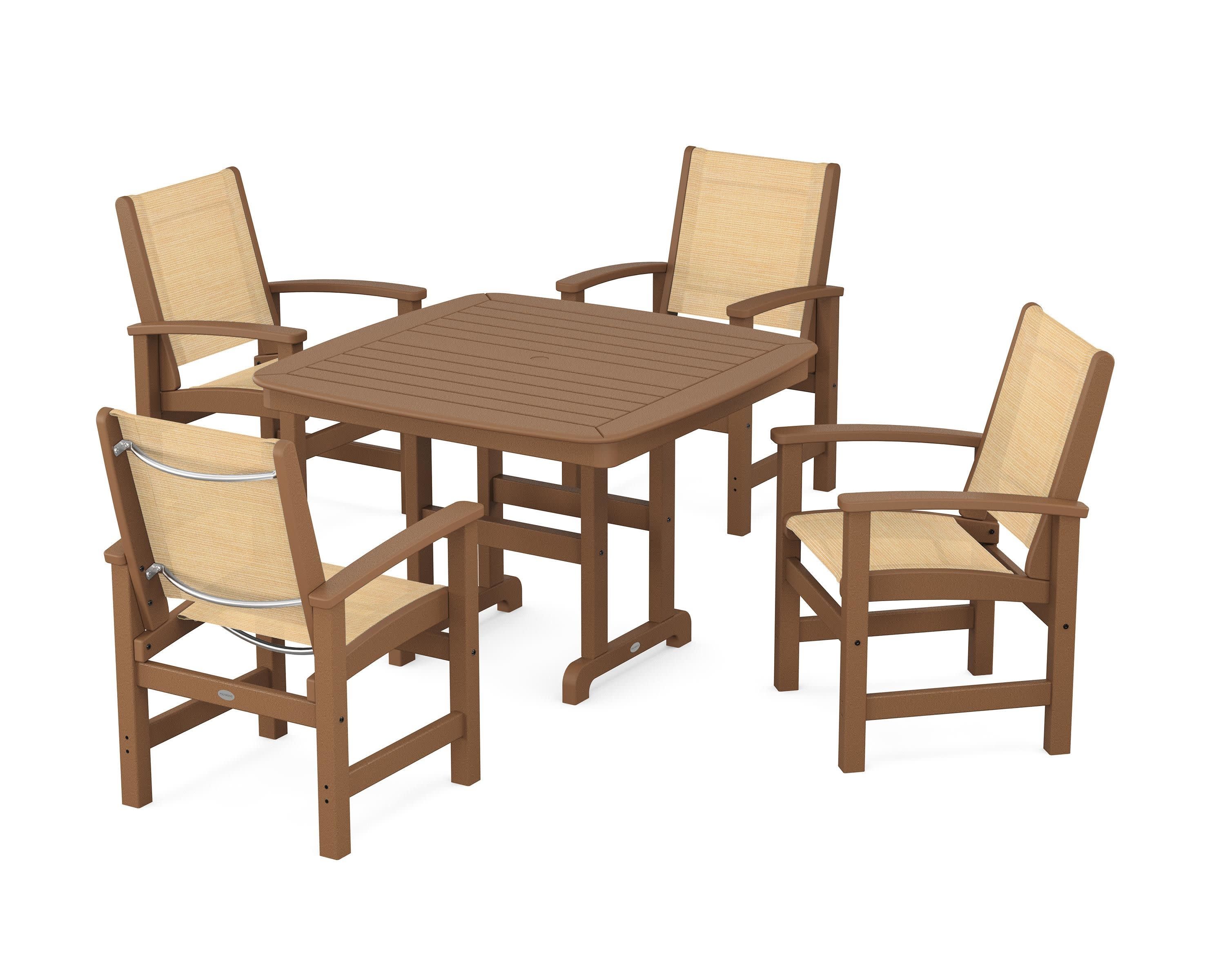 Coastal 5-Piece Dining Set in Teak / Dupioni Apricot Sling