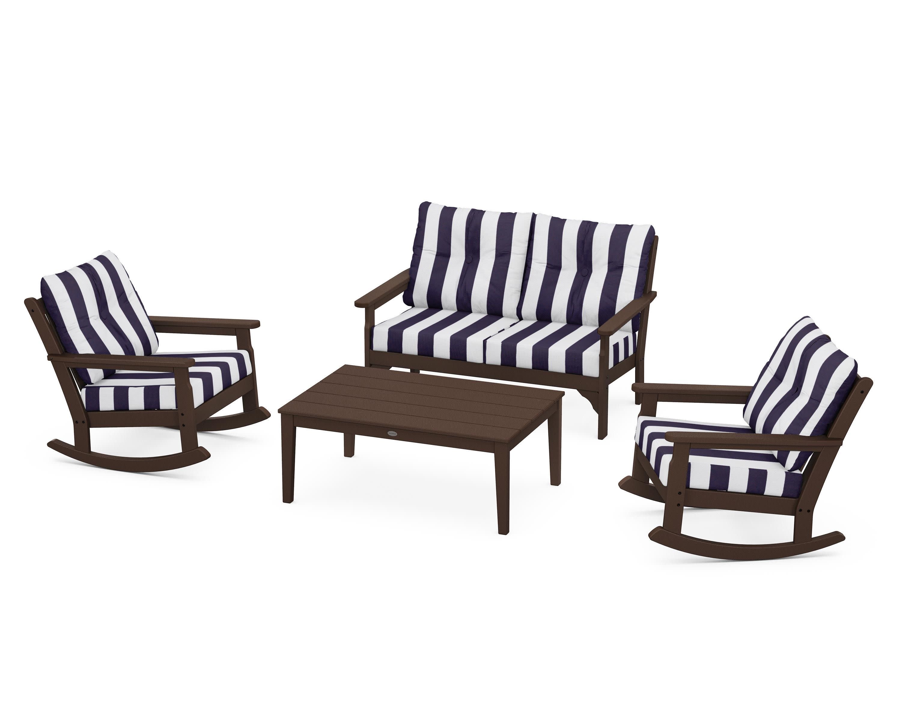 Vineyard 4-Piece Deep Seating Rocking Chair Set in Mahogany / Cabana Stripe Navy