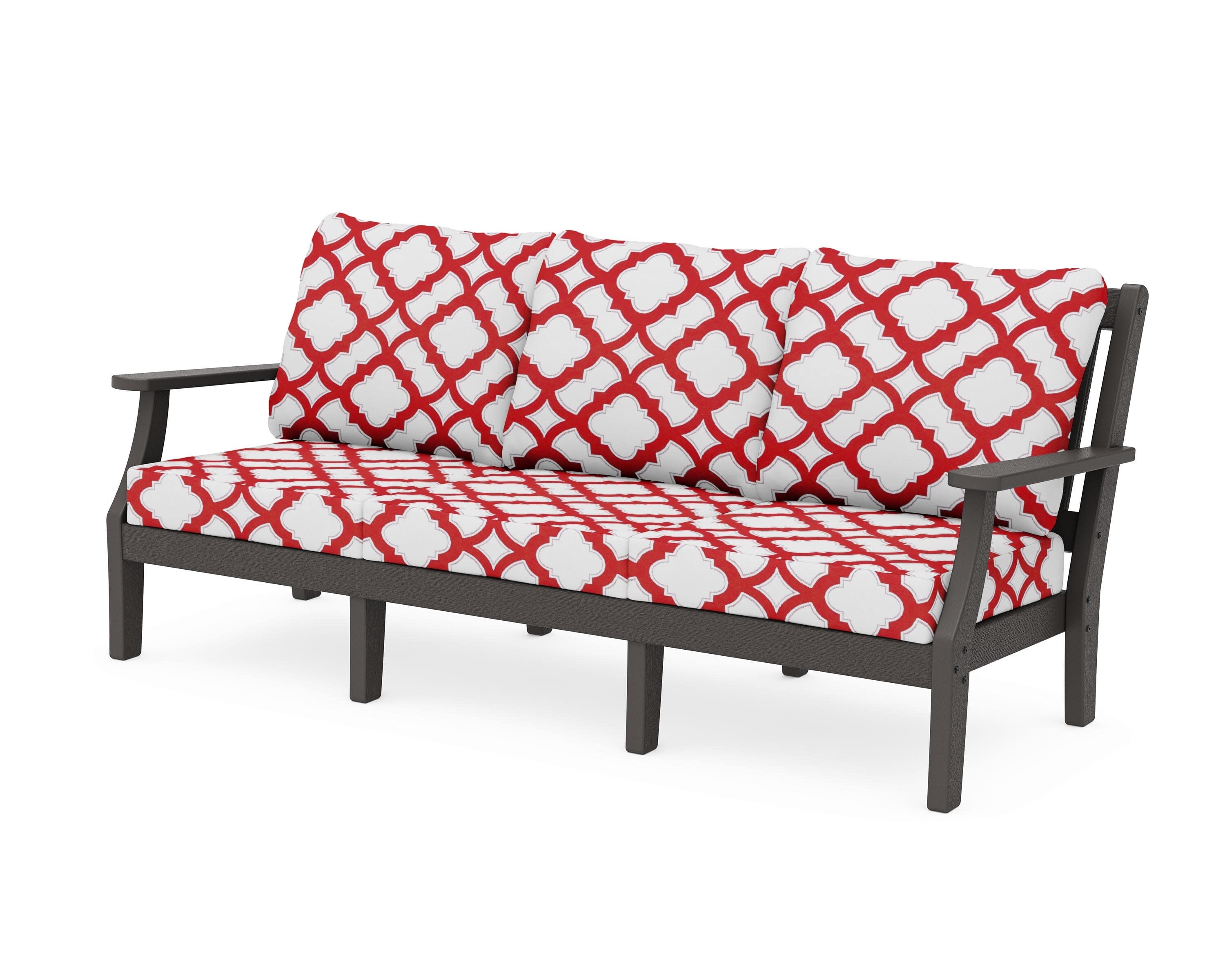 Chinoiserie Deep Seating Sofa in Vintage Coffee / Trellis Crimson