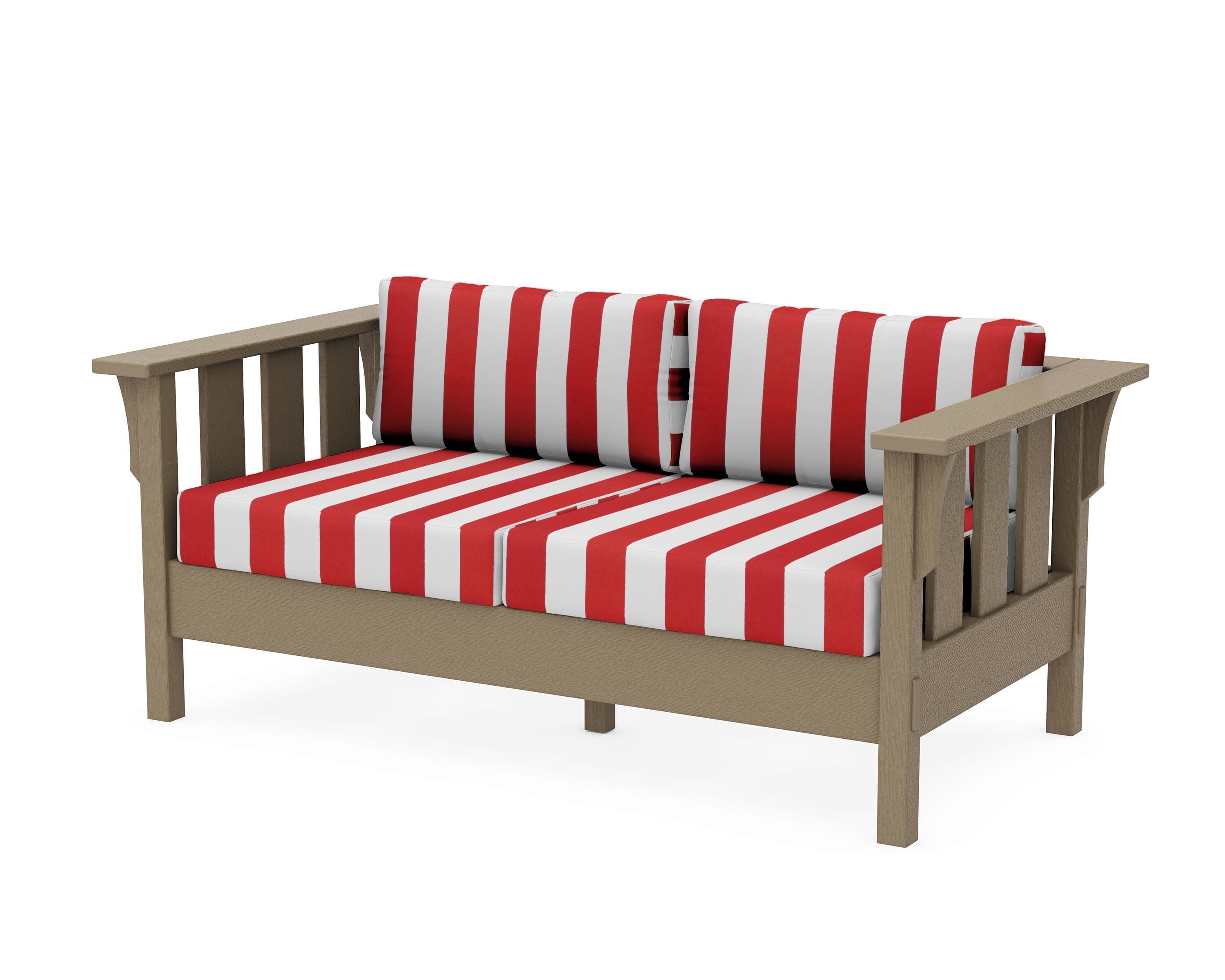 Acadia Deep Seating Loveseat in Vintage Sahara / Cabana Stripe Crimson