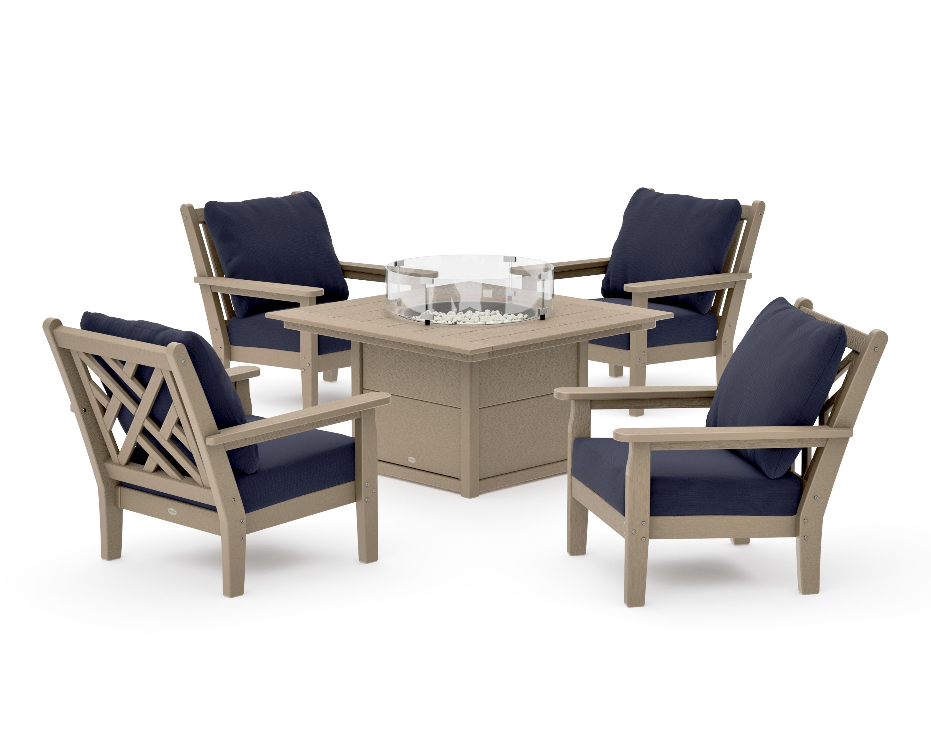 Chippendale 5-Piece Deep Seating Set with Fire Pit Table in Vintage Sahara / Navy Linen