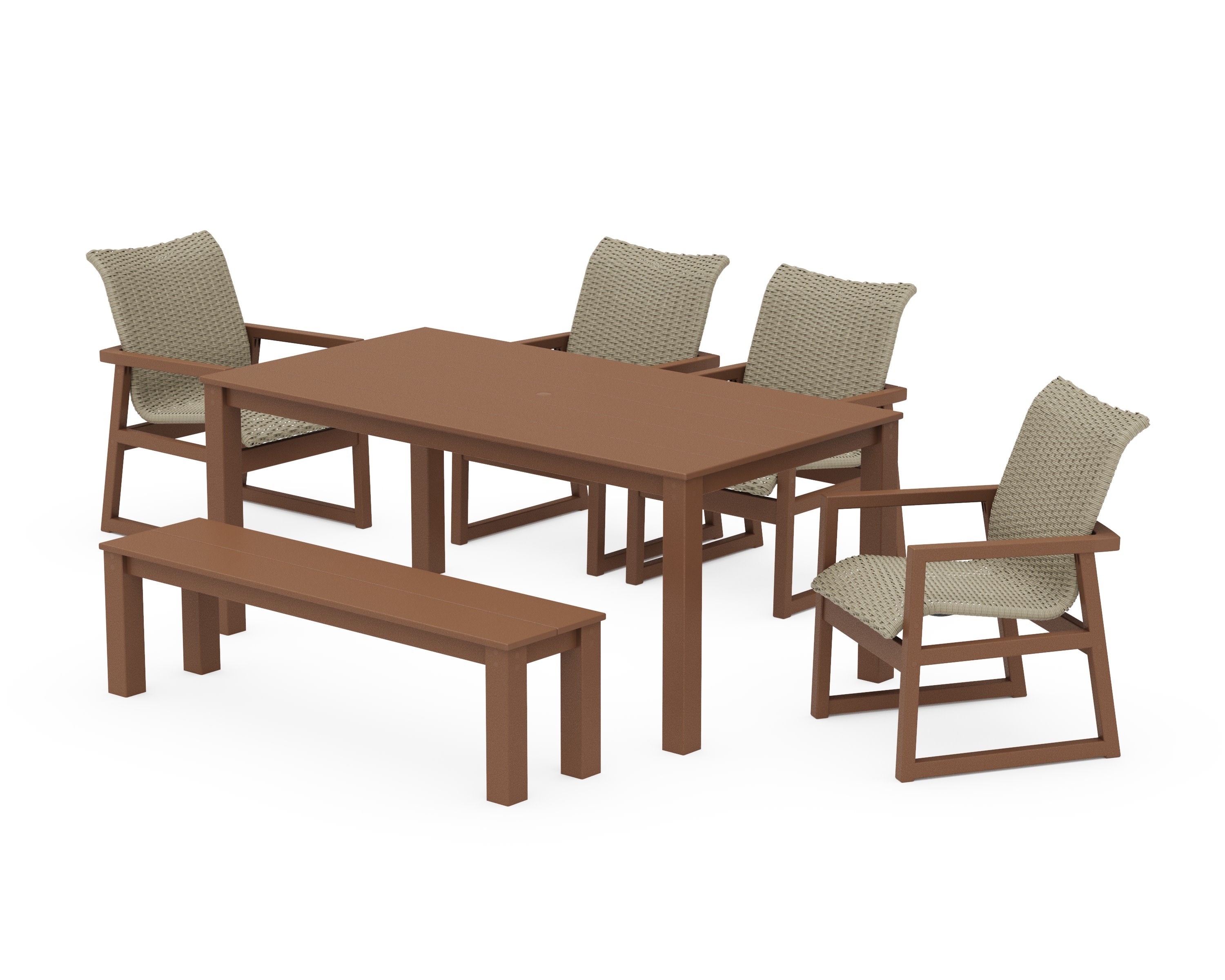 EDGE Woven 6-Piece Parsons Dining Set with Bench in Teak / Dune Grass