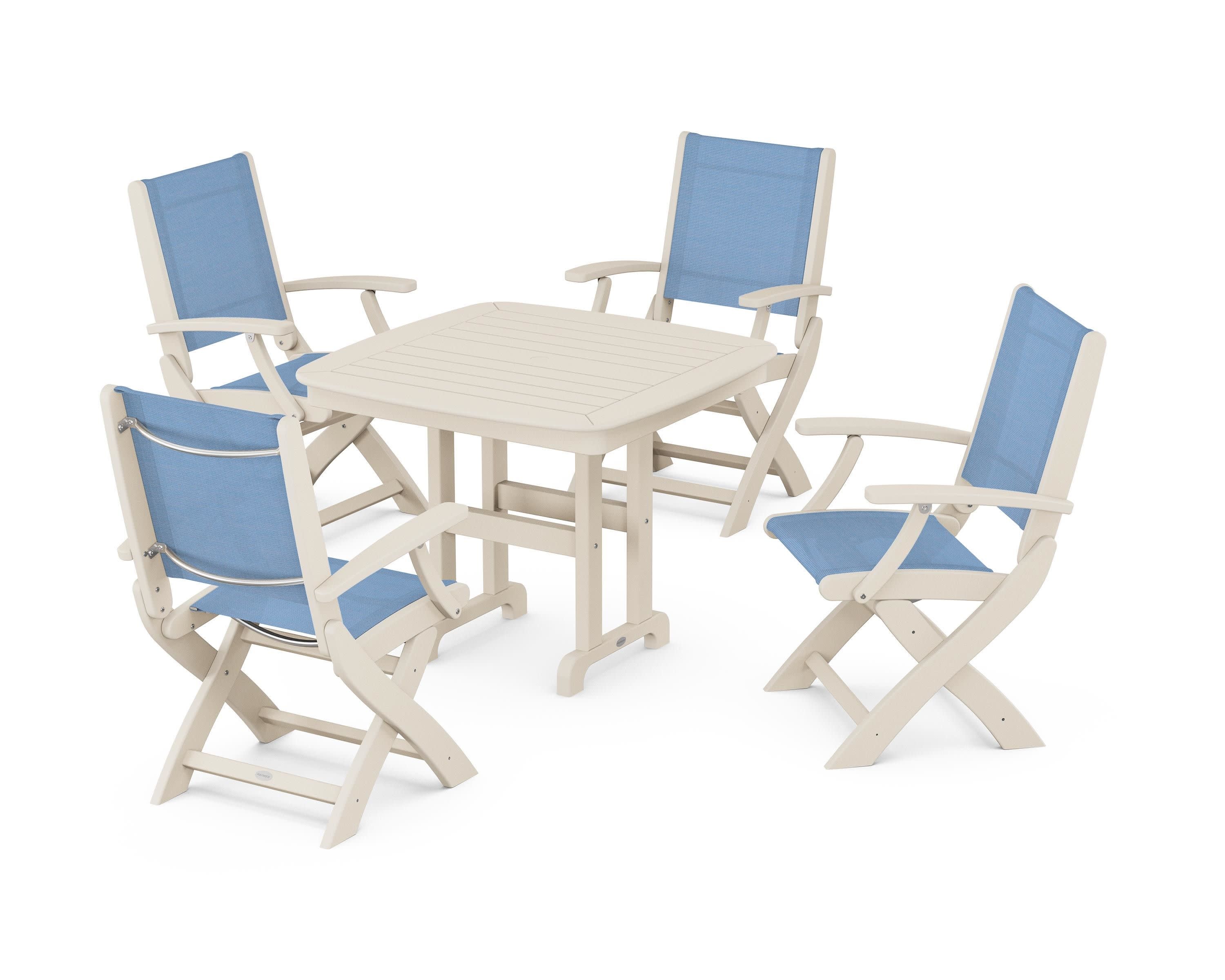 Coastal Folding Chair 5-Piece Dining Set in Sand / Poolside Sling