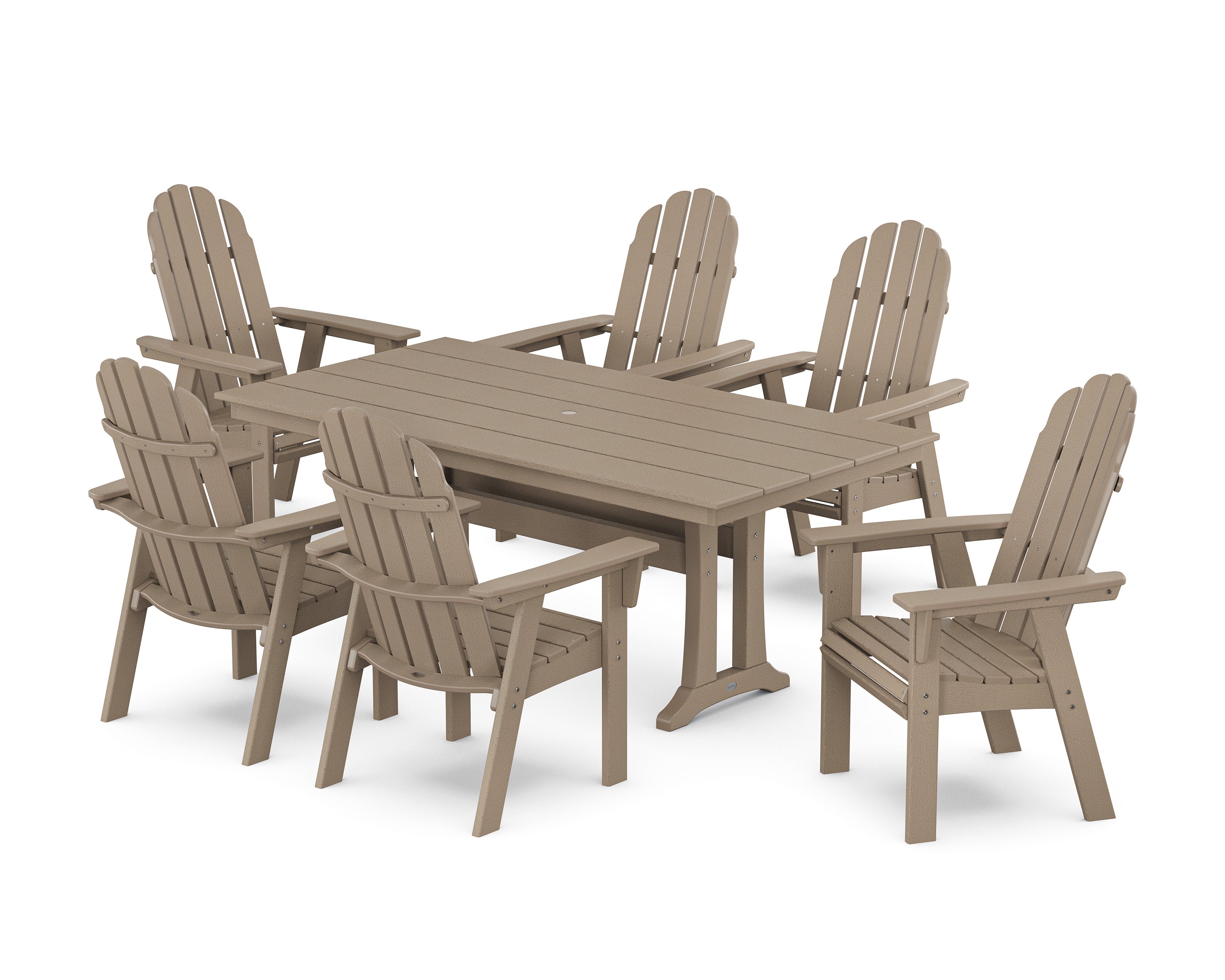 Vineyard Curveback Adirondack Chair 7-Piece Farmhouse Dining Set with Trestle Legs in Vintage Sahara