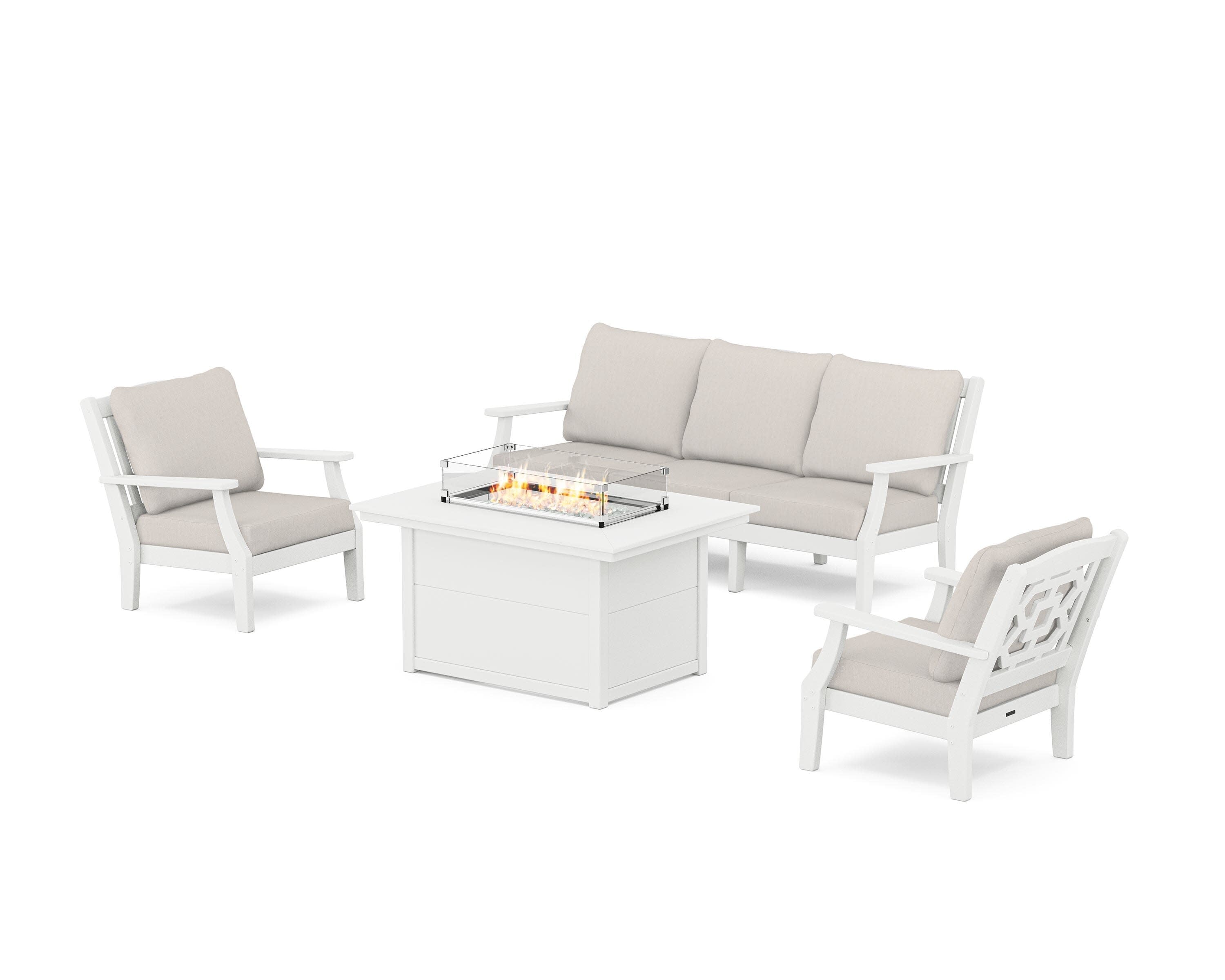 Chinoiserie Deep Seating Fire Pit Table Set in White / Cast Ash