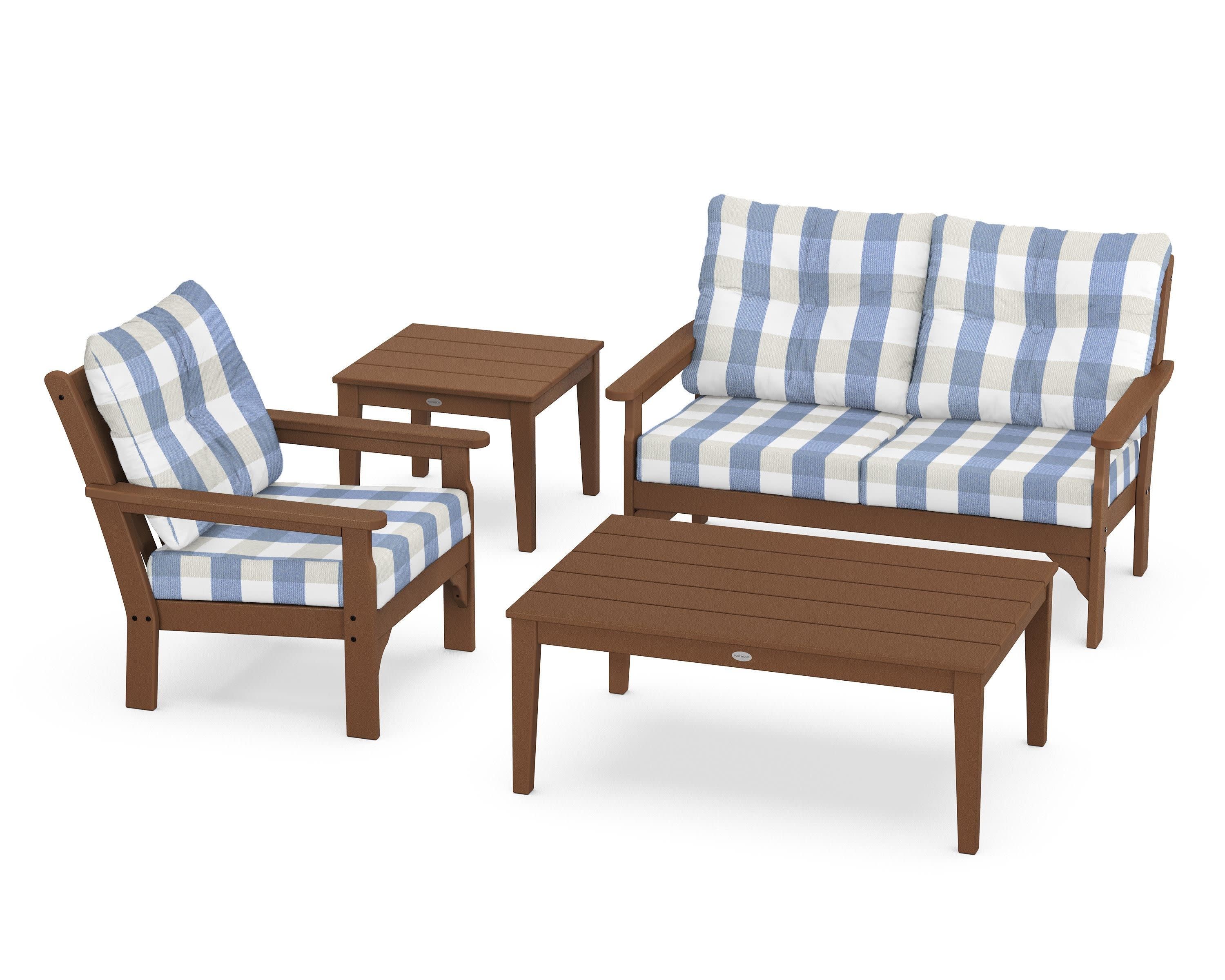 Vineyard 4-Piece Deep Seating Set in Teak / Buffalo Plaid Sky Blue
