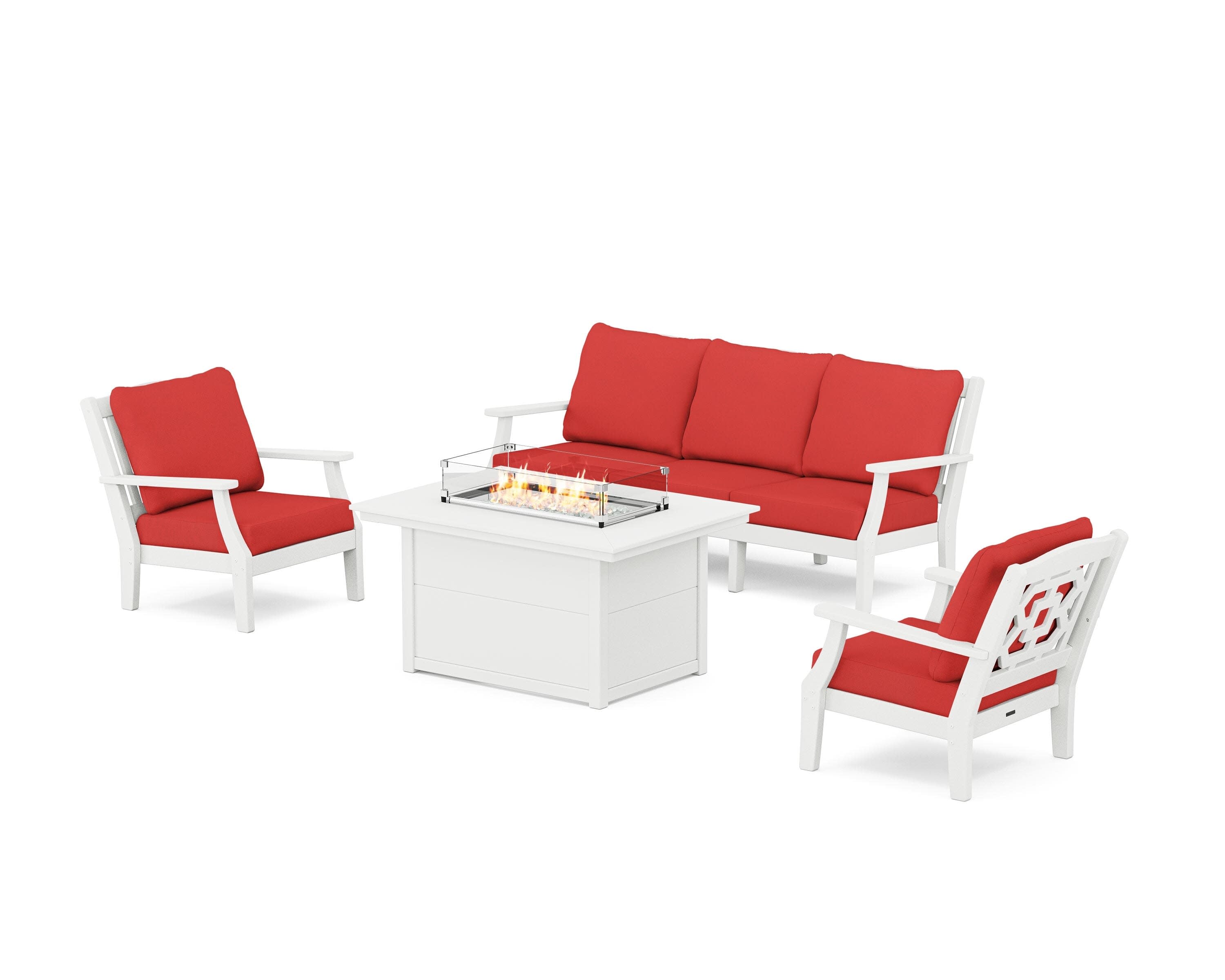Chinoiserie Deep Seating Fire Pit Table Set in White / Crimson Linen