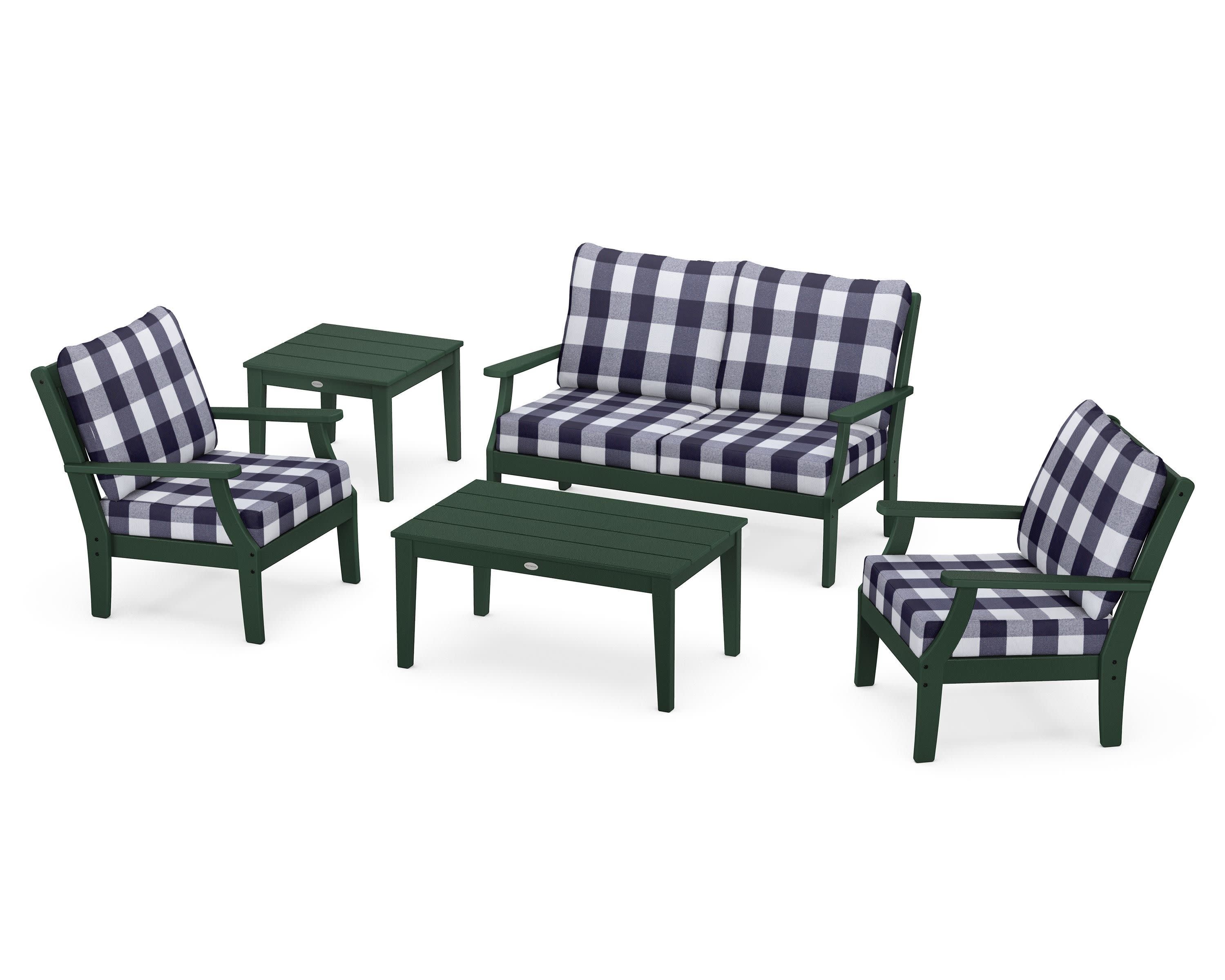 Braxton 5-Piece Deep Seating Set in Green / Buffalo Plaid Navy