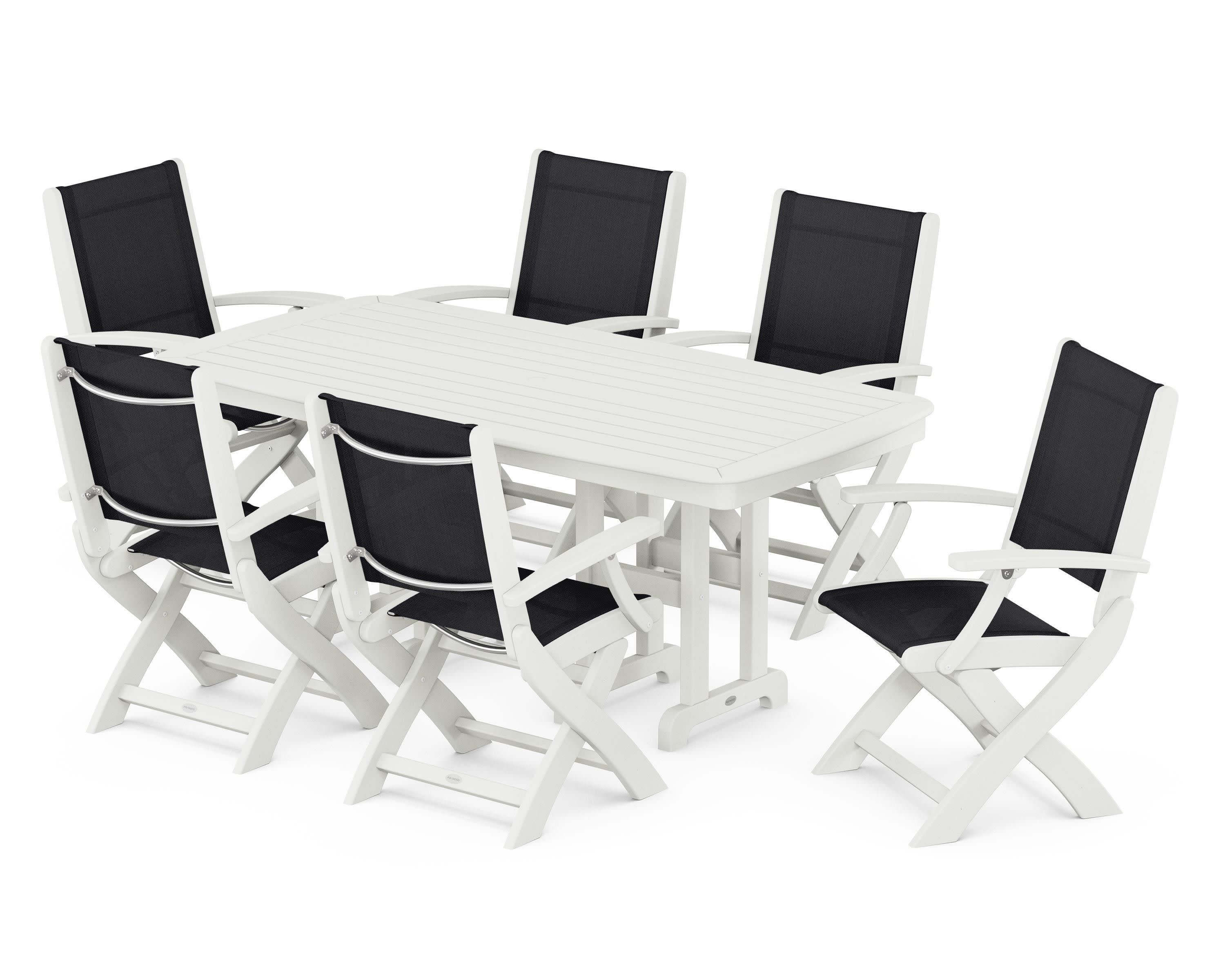 Coastal Folding Arm Chair 7-Piece Dining Set in Vintage White / Black Sling