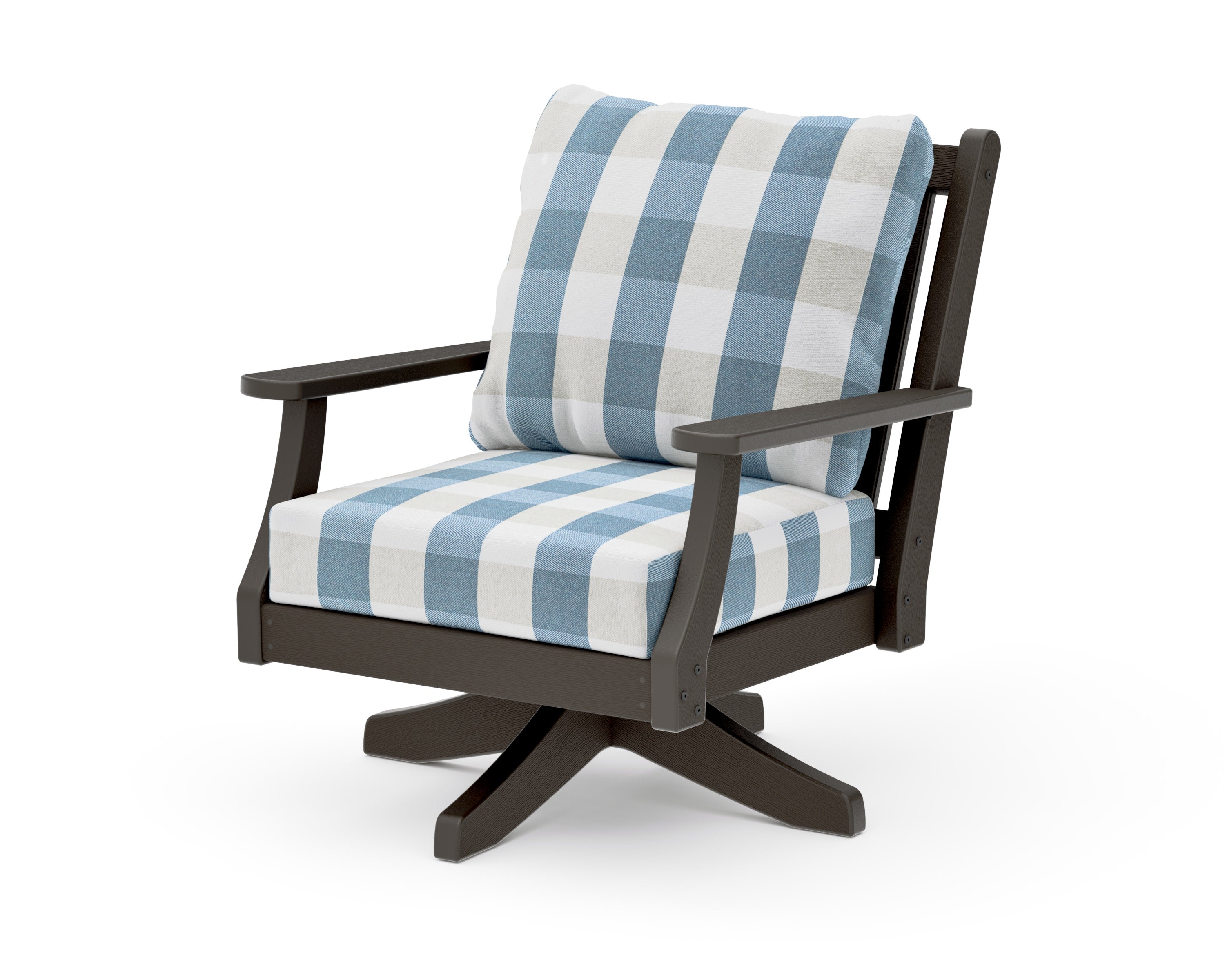 Wovendale Deep Seating Swivel Chair in Vintage Coffee / Buffalo Plaid Sky Blue
