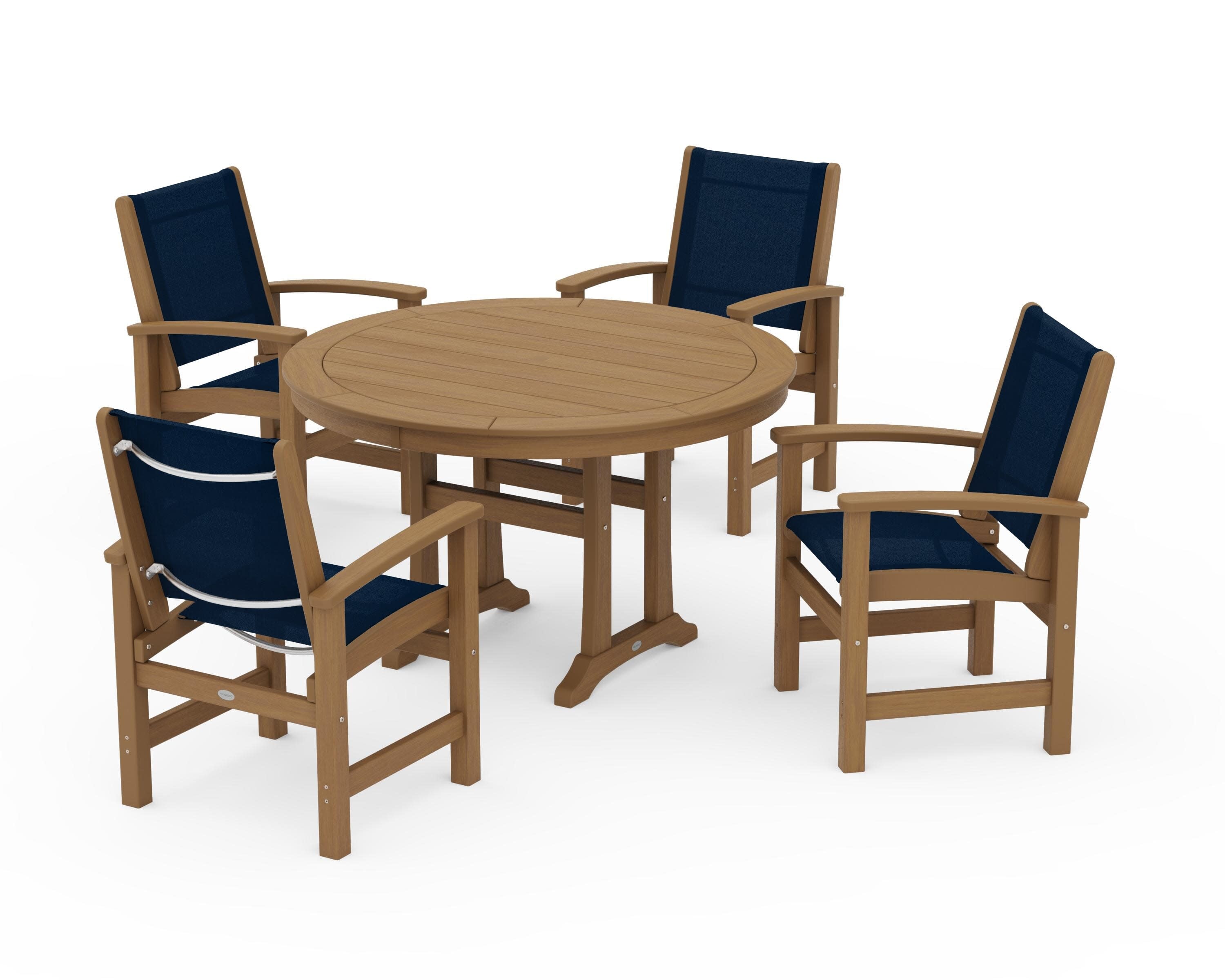 Coastal 5-Piece Round Dining Set with Trestle Legs in Natural / Navy Blue Sling
