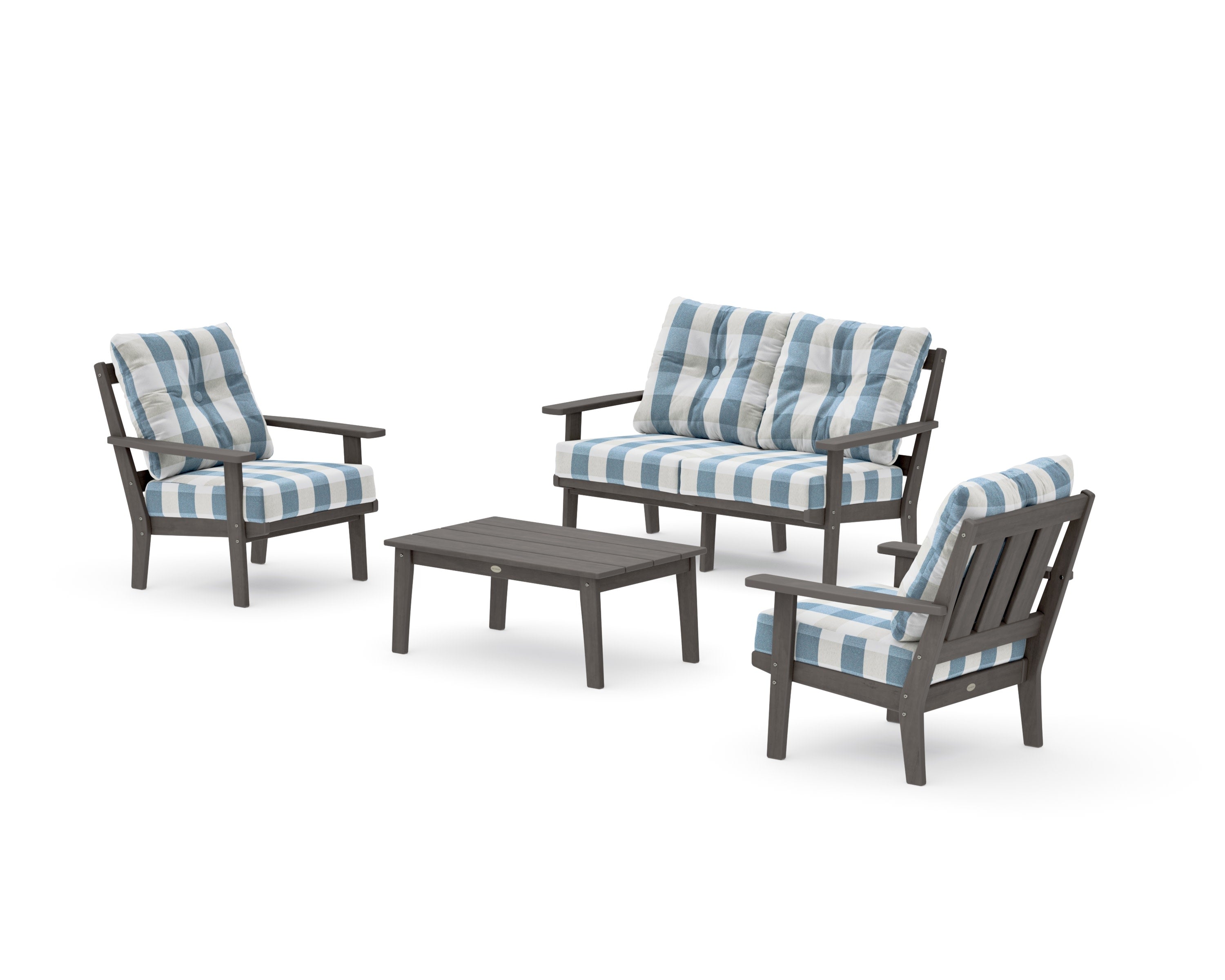 Oxford 4-Piece Deep Seating Set with Loveseat in Driftwood / Buffalo Plaid Sky Blue