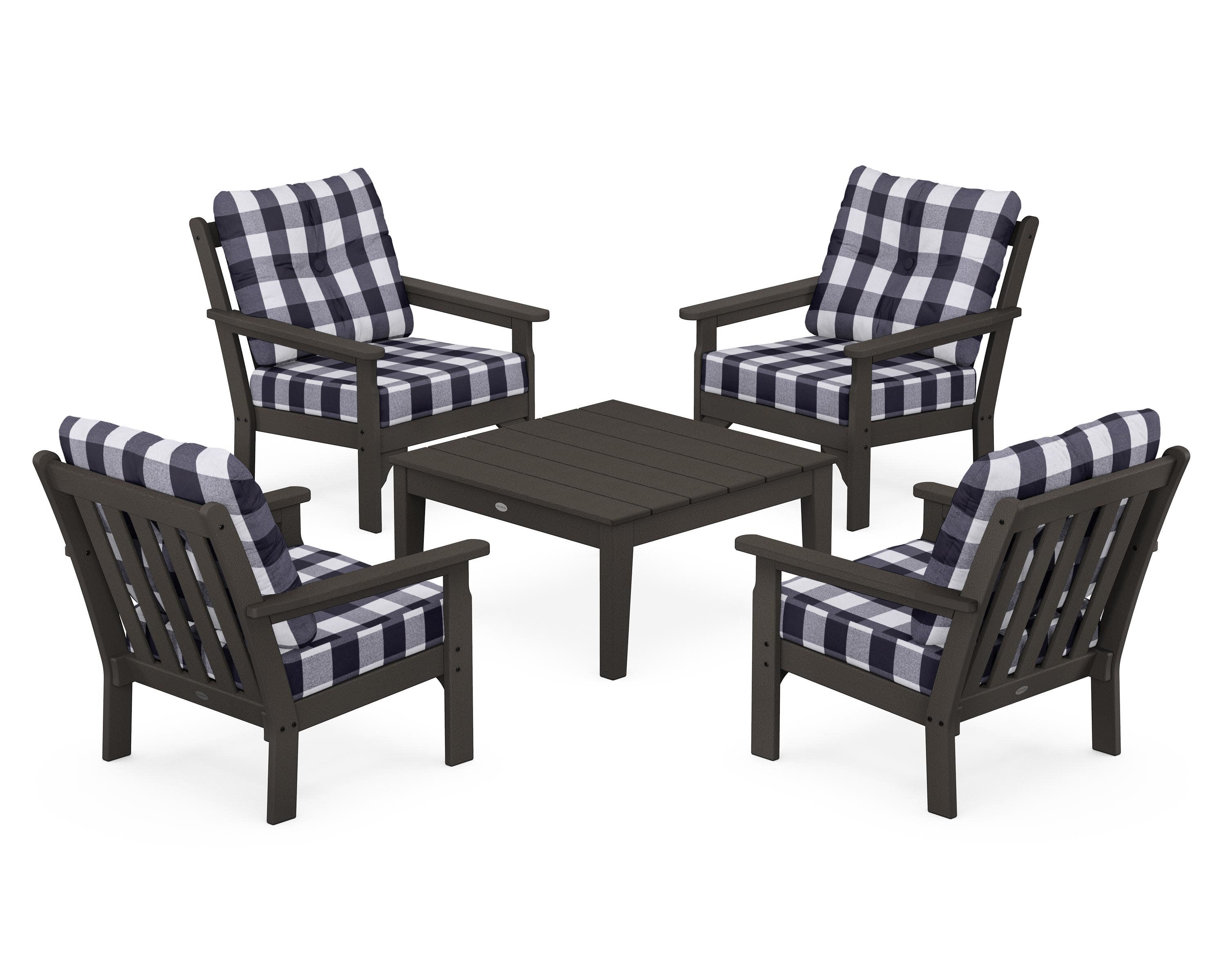 Vineyard 5-Piece Deep Seating Conversation Set in Vintage Coffee / Buffalo Plaid Navy