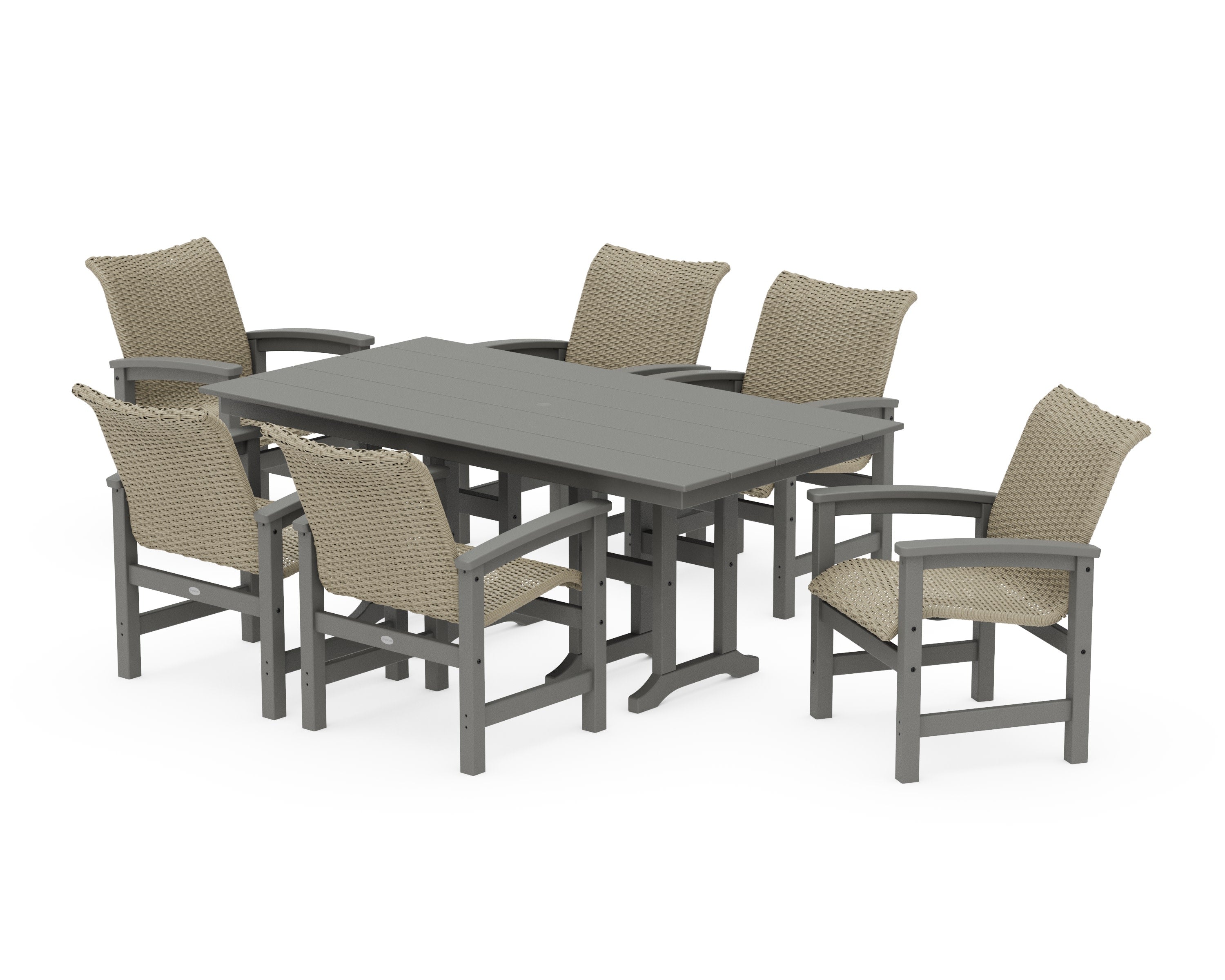 Coastal Woven Arm Chair 7-Piece Farmhouse Dining Set