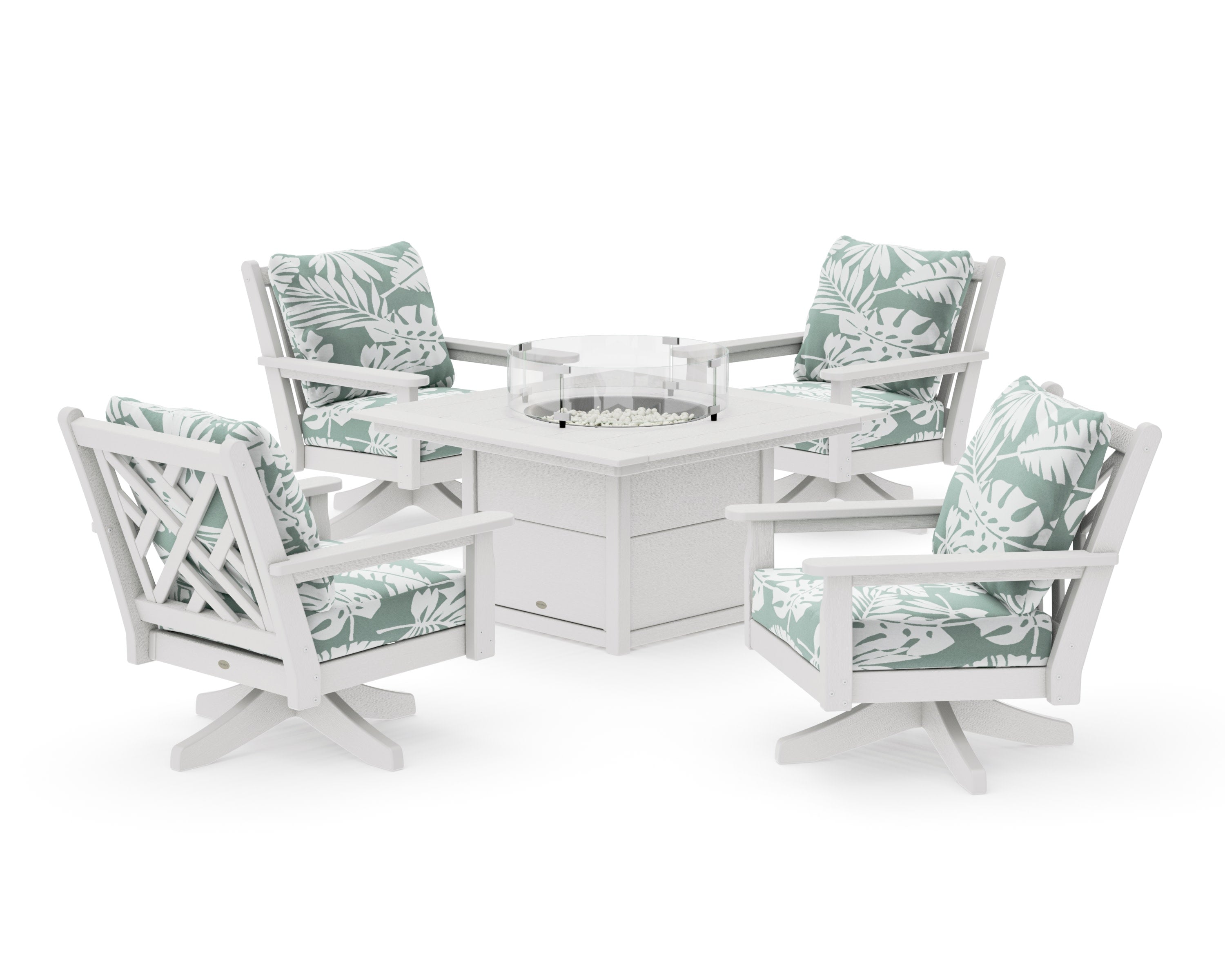 Chippendale 5-Piece Deep Seating Swivel Conversation Set with Fire Pit Table in Vintage White / Leaf Glacier Spa