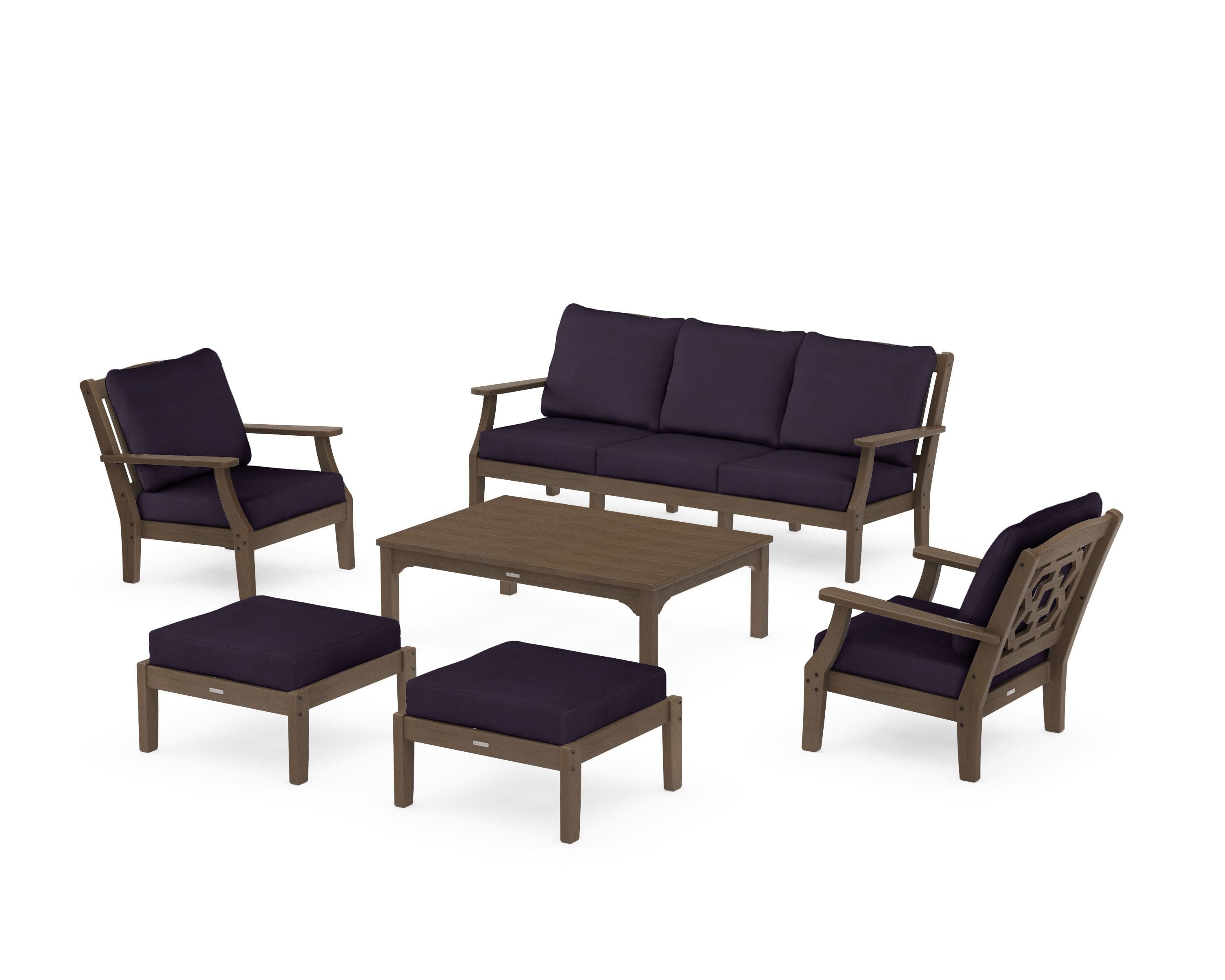 Chinoiserie 6-Piece Lounge Sofa Set in Kona / Navy Linen