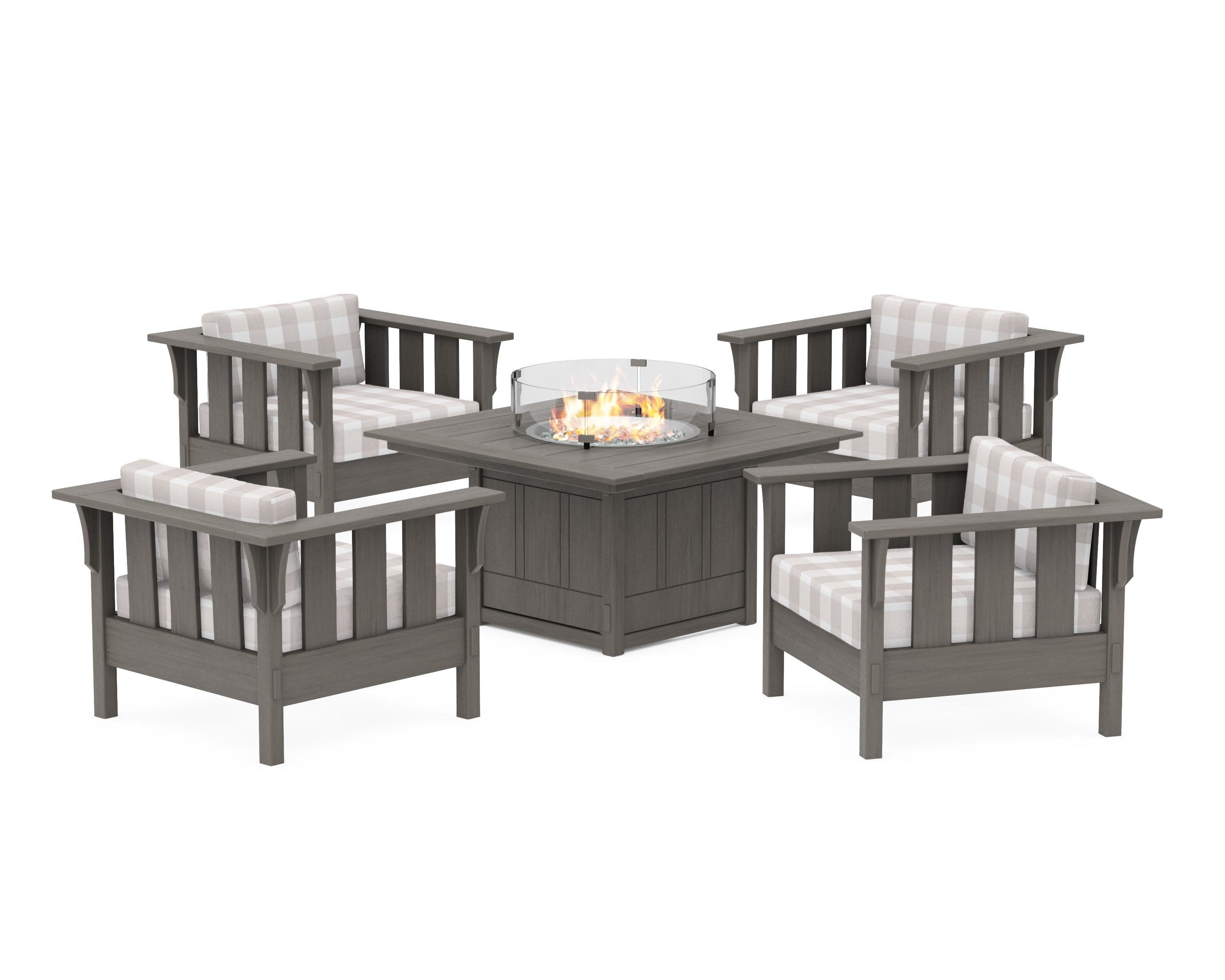 Acadia 5-Piece Deep Seating Set with Fire Pit Table in Driftwood / Buffalo Plaid Dune Burlap