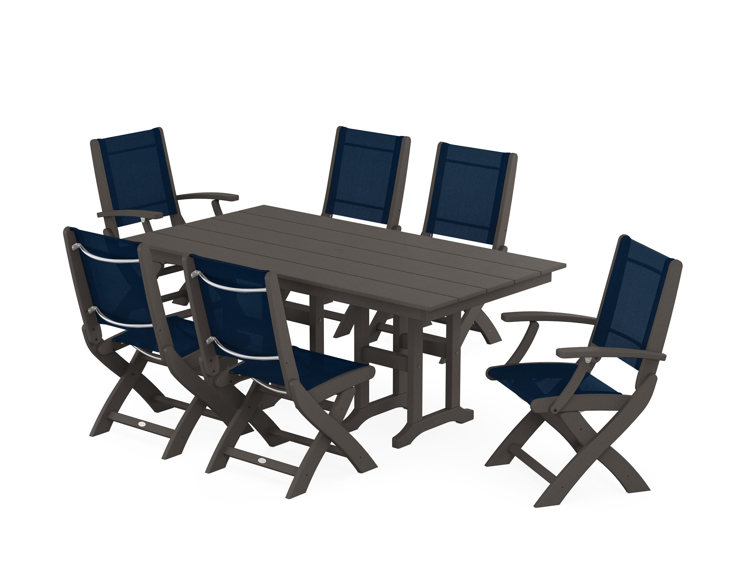 Coastal Folding Chair 7-Piece Farmhouse Dining Set in Vintage Coffee / Navy Blue Sling