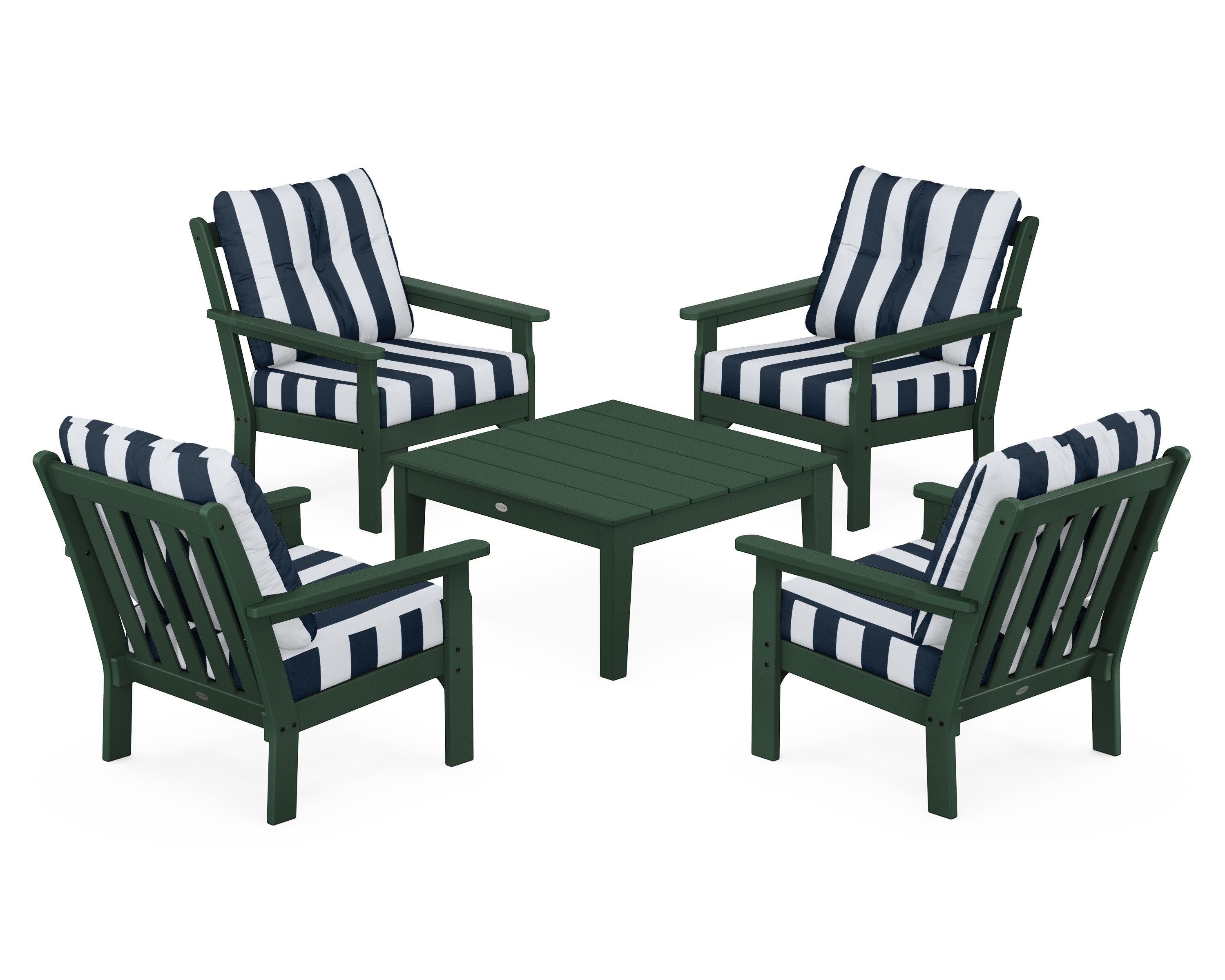 Vineyard 5-Piece Deep Seating Conversation Set in Green / Cabana Stripe Marine Indigo