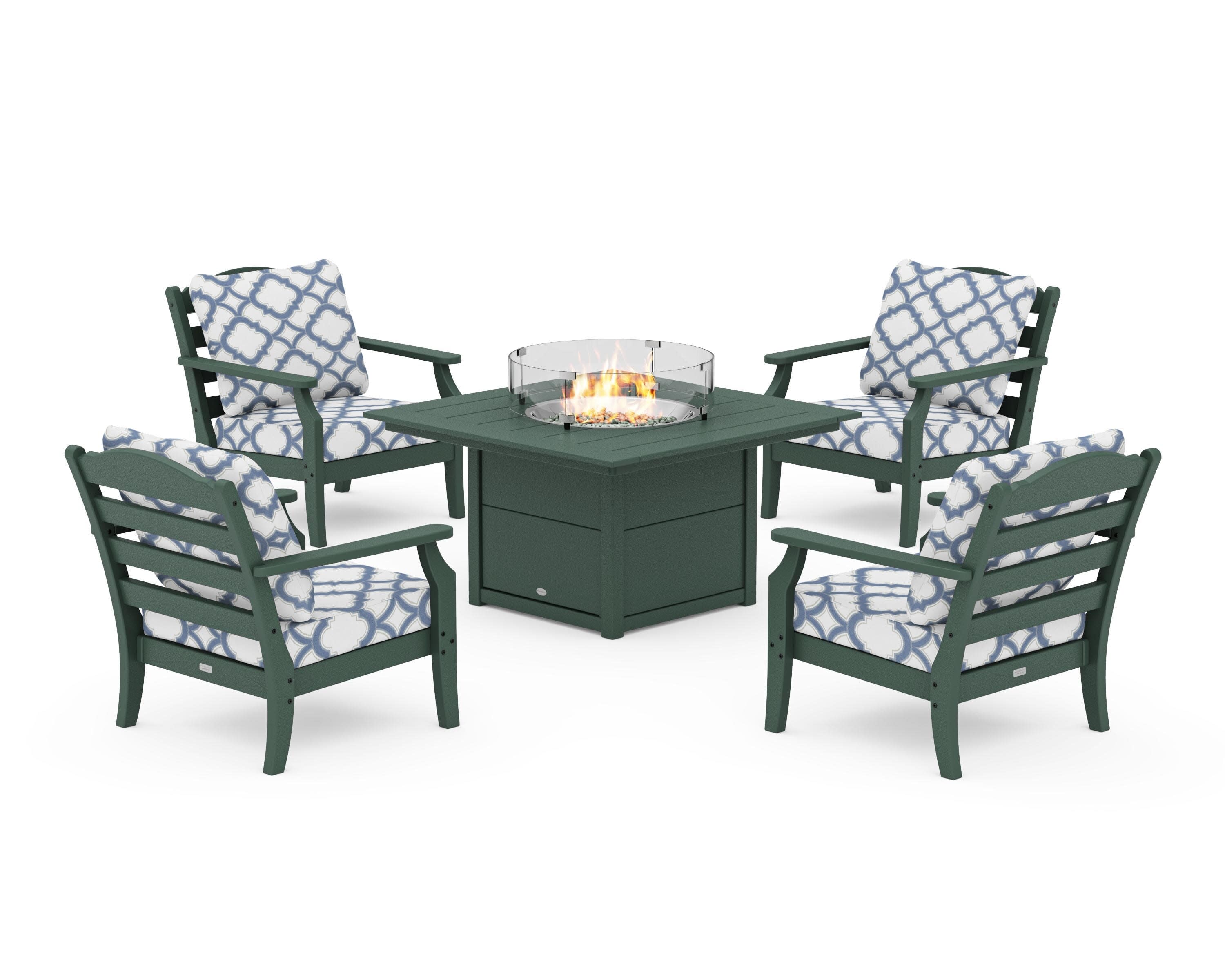 Savannah 5-Piece Deep Seating Set with Fire Pit Table in Green / Trellis Sky Blue