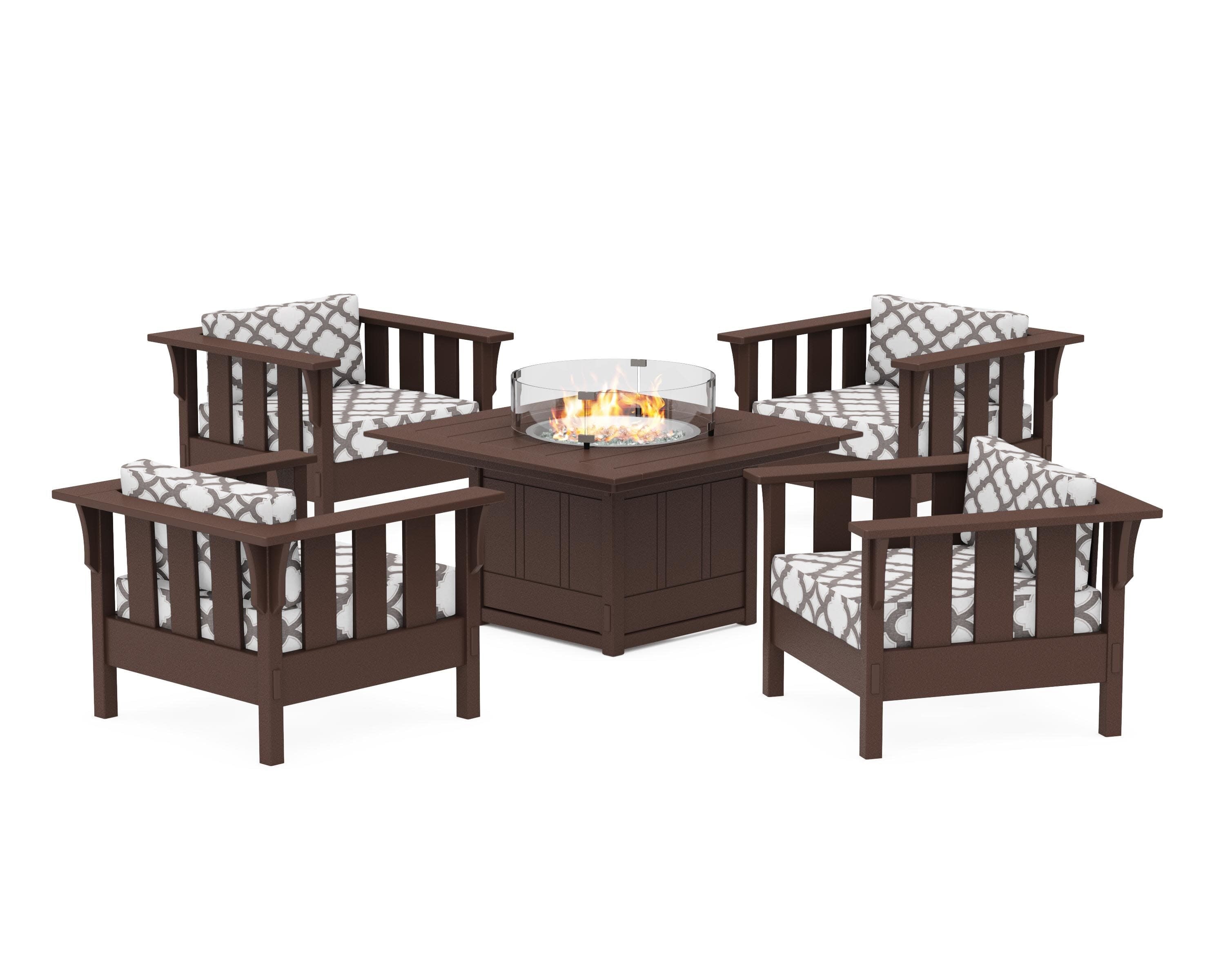 Acadia 5-Piece Deep Seating Set with Fire Pit Table in Mahogany / Trellis Grey Mist