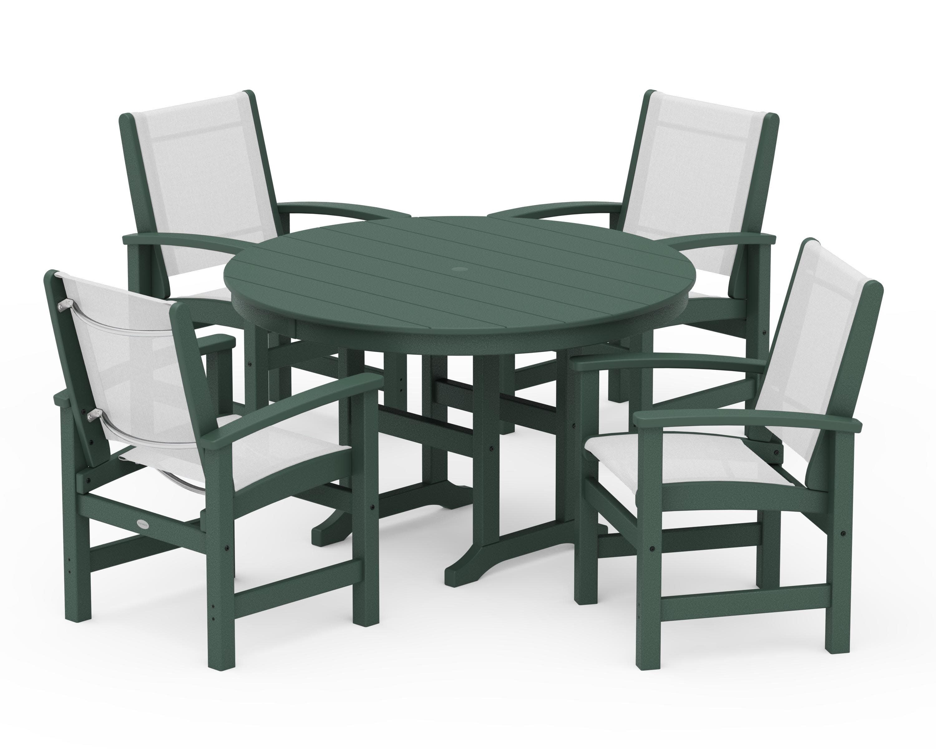 Coastal 5-Piece Round Farmhouse Dining Set in Green / White Sling