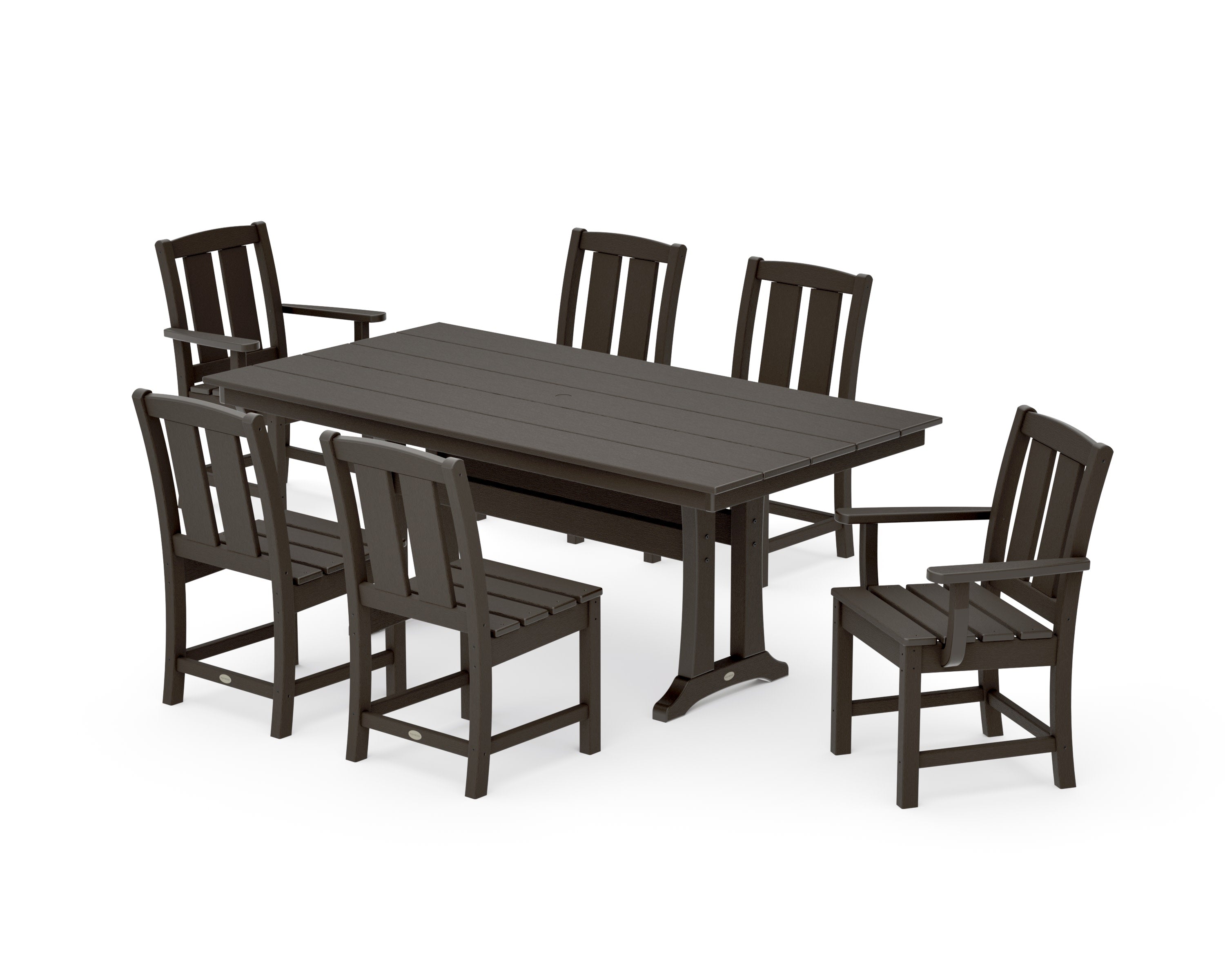 Mission 7-Piece Farmhouse Dining Set with Trestle Legs in Vintage Coffee