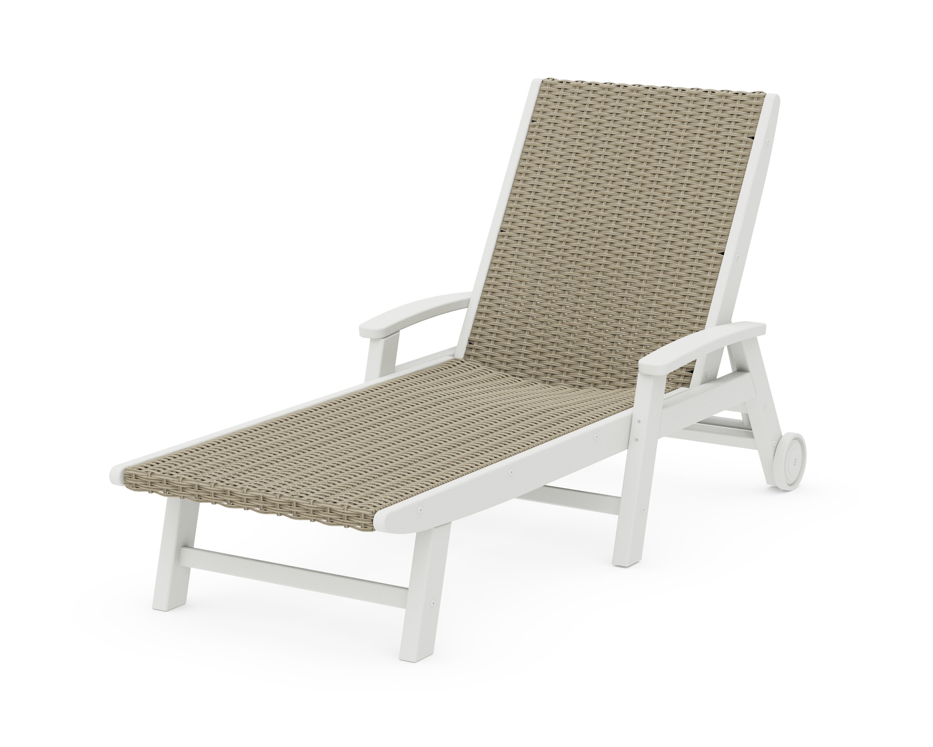 Coastal Woven Chaise with Arms and Wheels in Vintage White / Dune Grass
