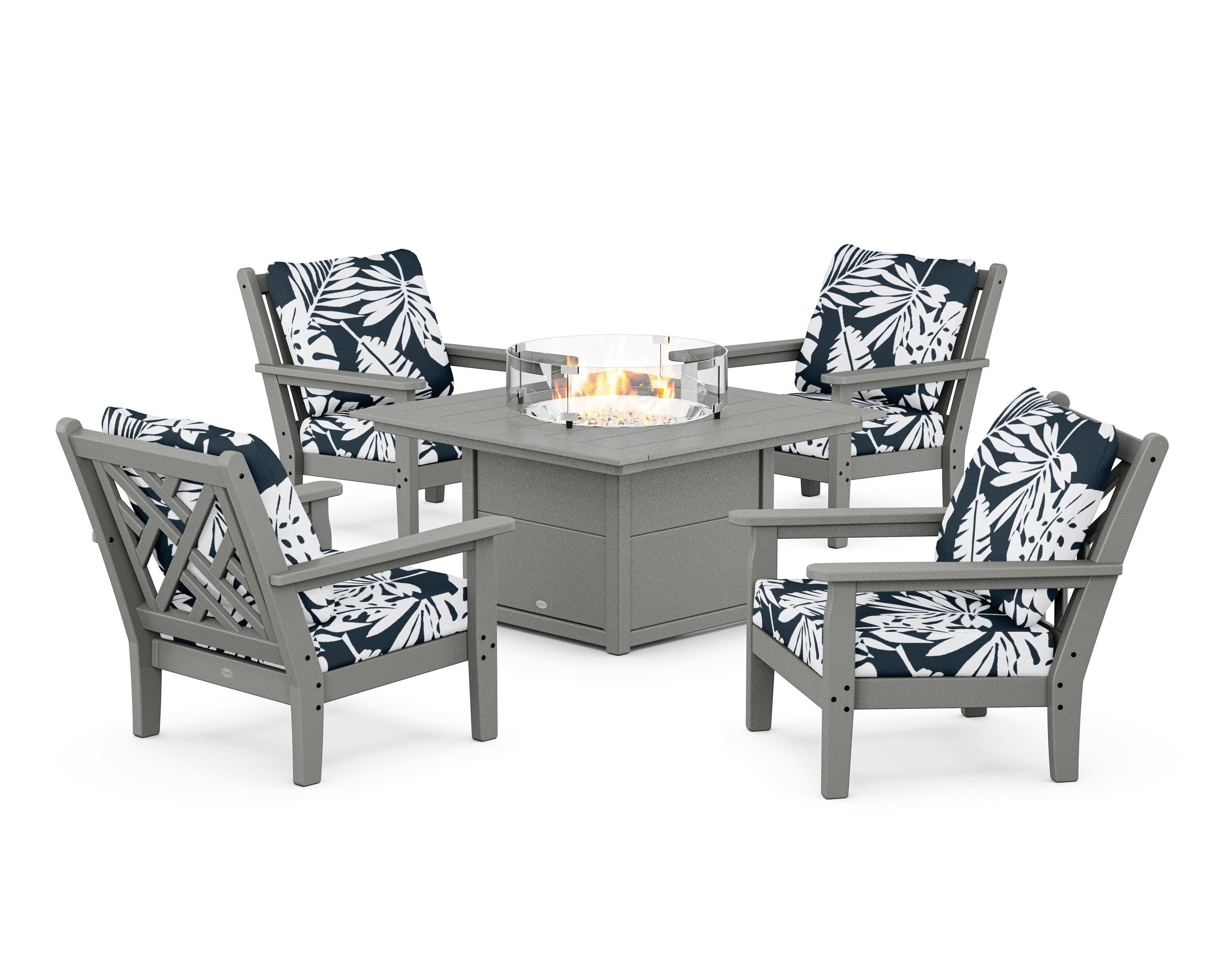 Chippendale 5-Piece Deep Seating Set with Fire Pit Table in Slate Grey / Leaf Marine Indigo