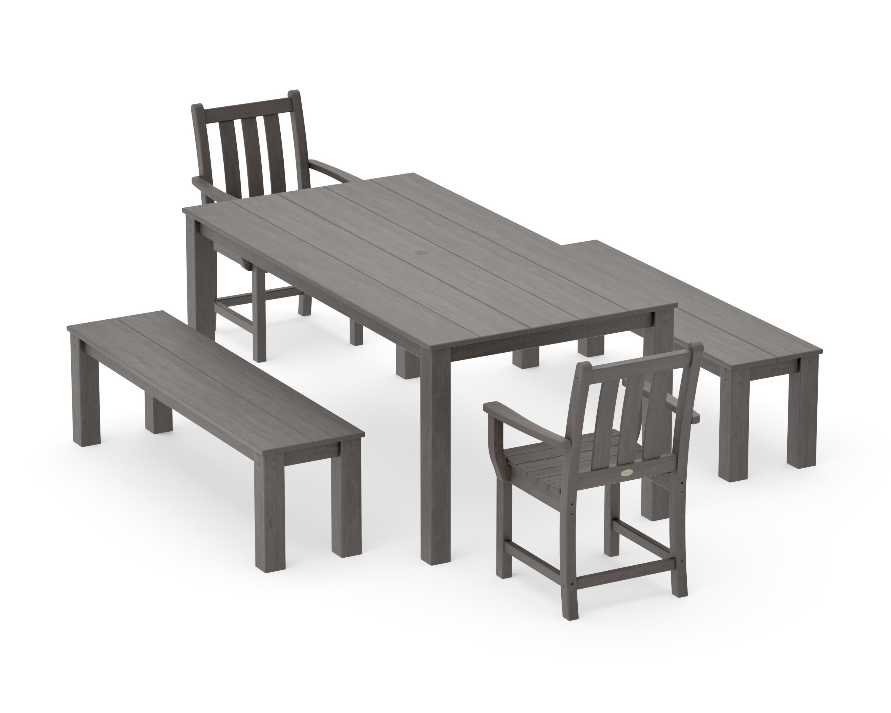 Traditional Garden 5-Piece Parsons Dining Set with Benches in Driftwood