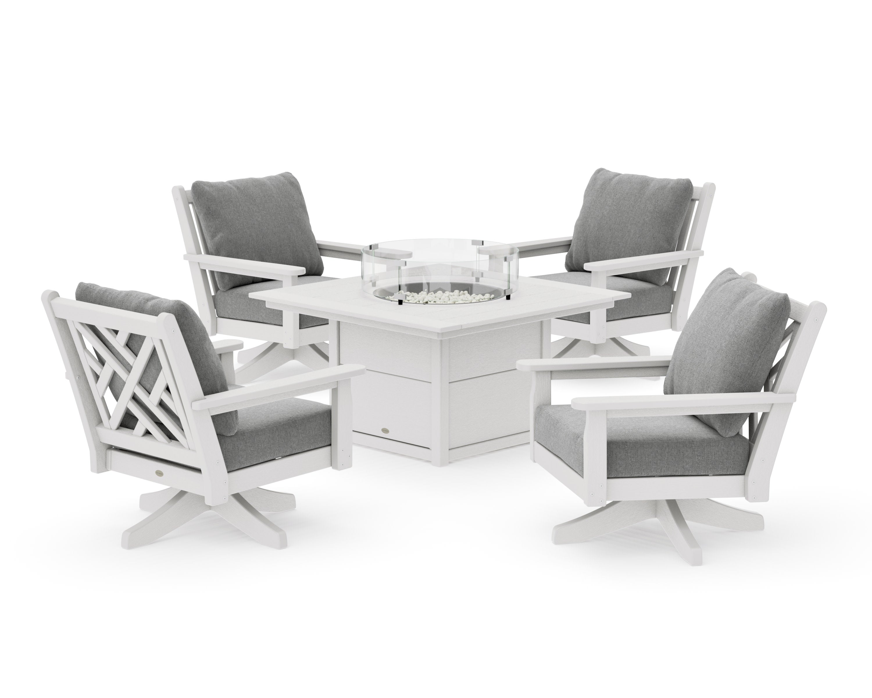 Chippendale 5-Piece Deep Seating Swivel Conversation Set with Fire Pit Table in Vintage White / Grey Mist