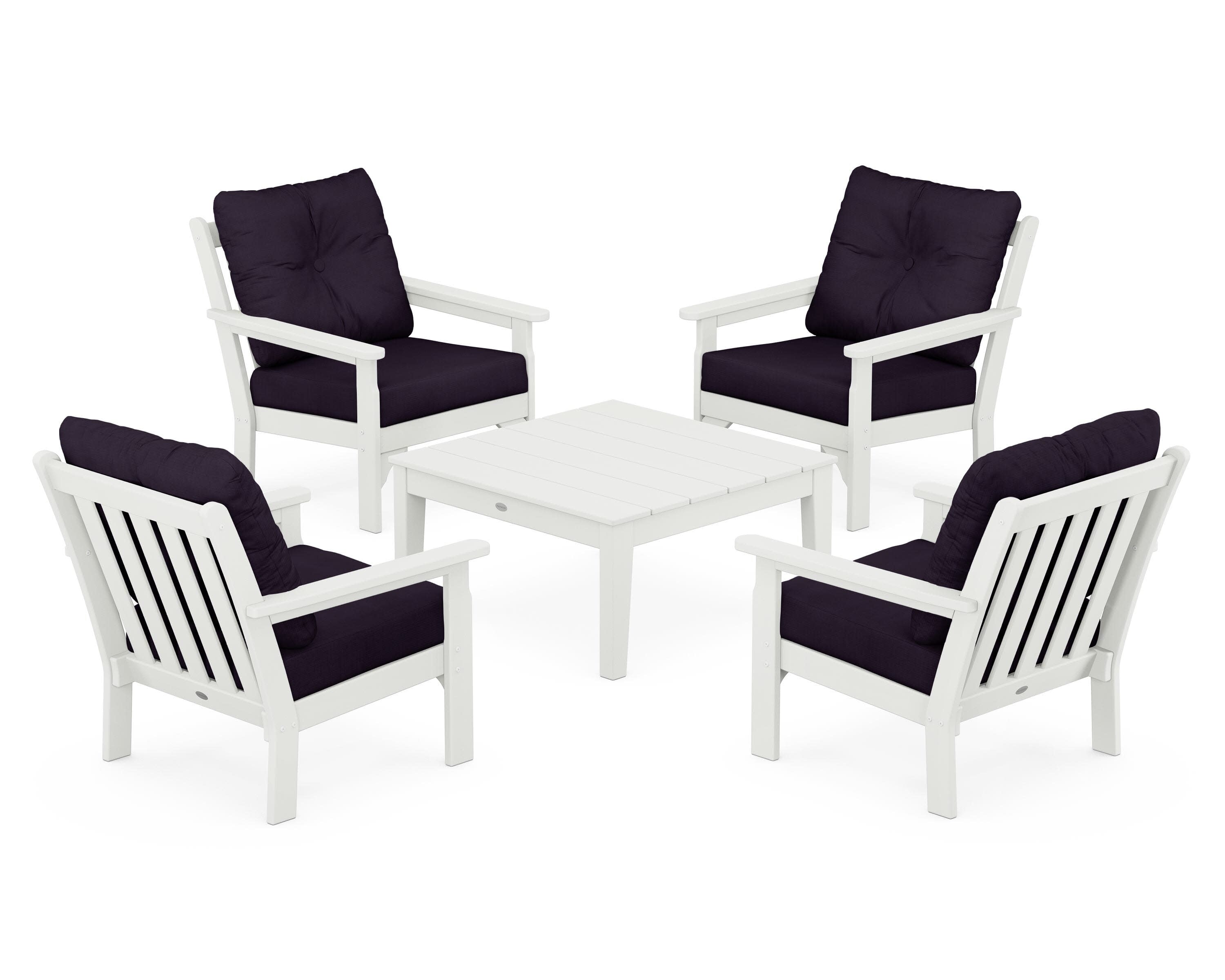Vineyard 5-Piece Deep Seating Conversation Set in Vintage White / Navy Linen