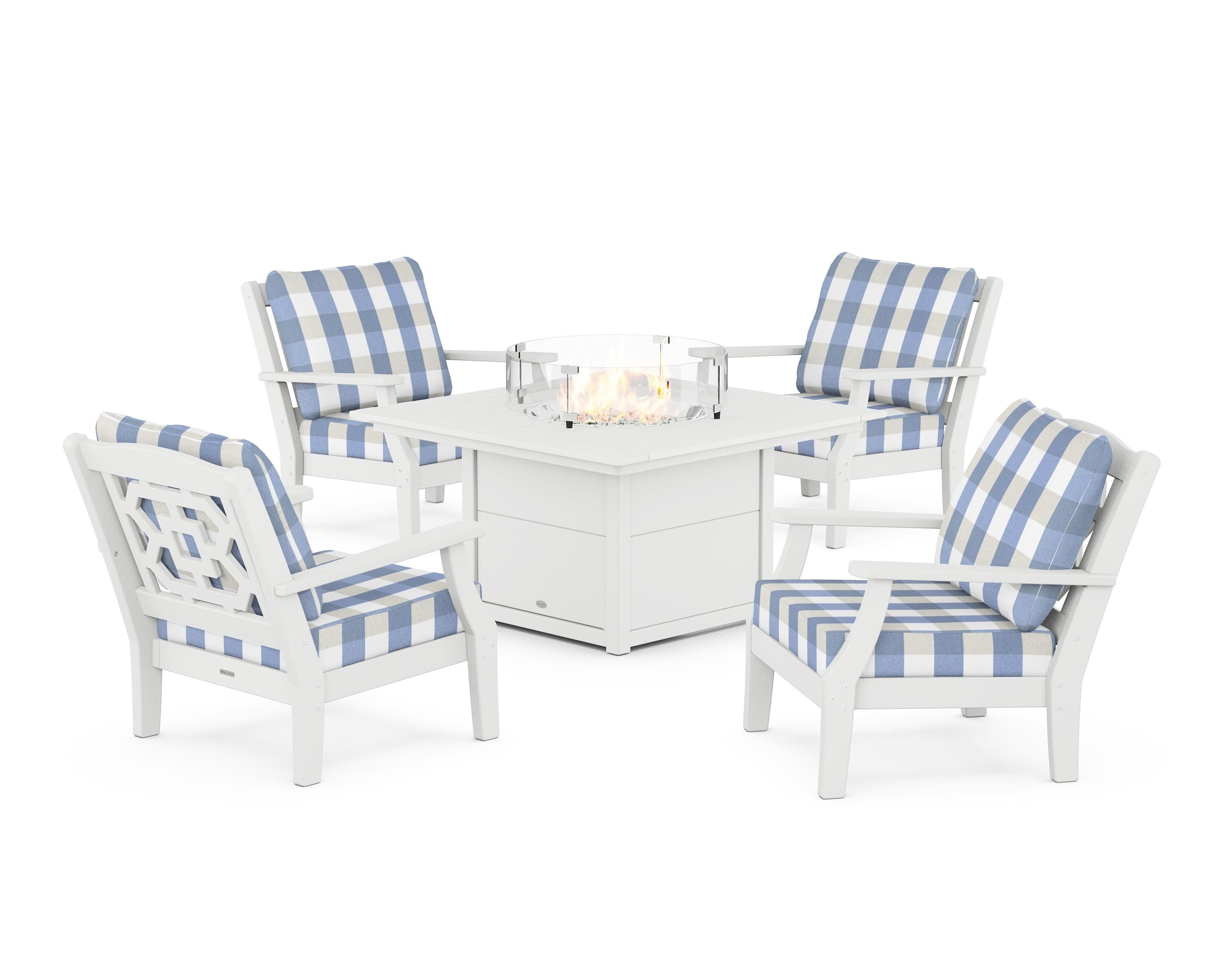 Chinoiserie 5-Piece Deep Seating Set with Fire Pit Table in White / Buffalo Plaid Sky Blue