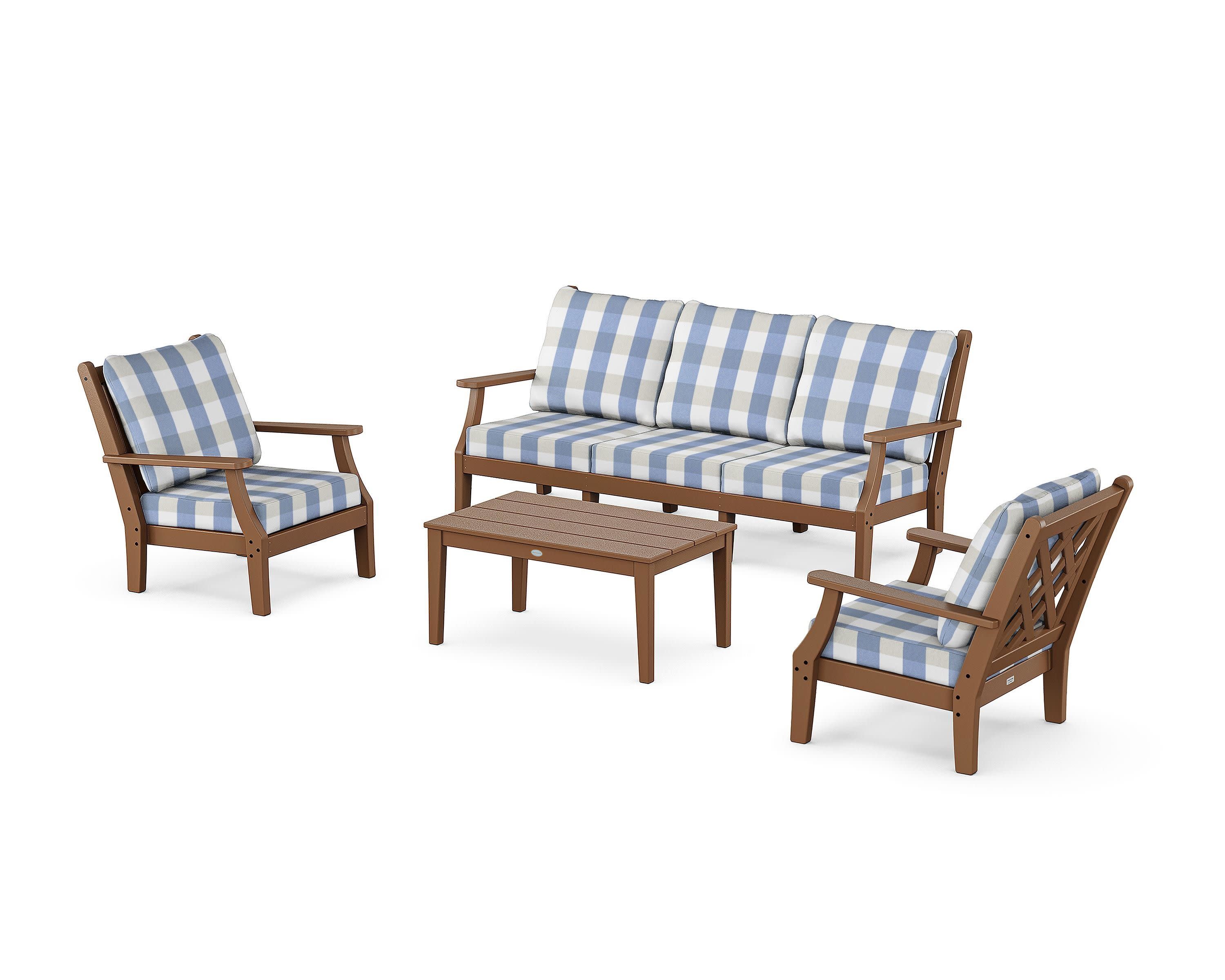 Wovendale 4-Piece Deep Seating Set with Sofa in Teak / Buffalo Plaid Sky Blue