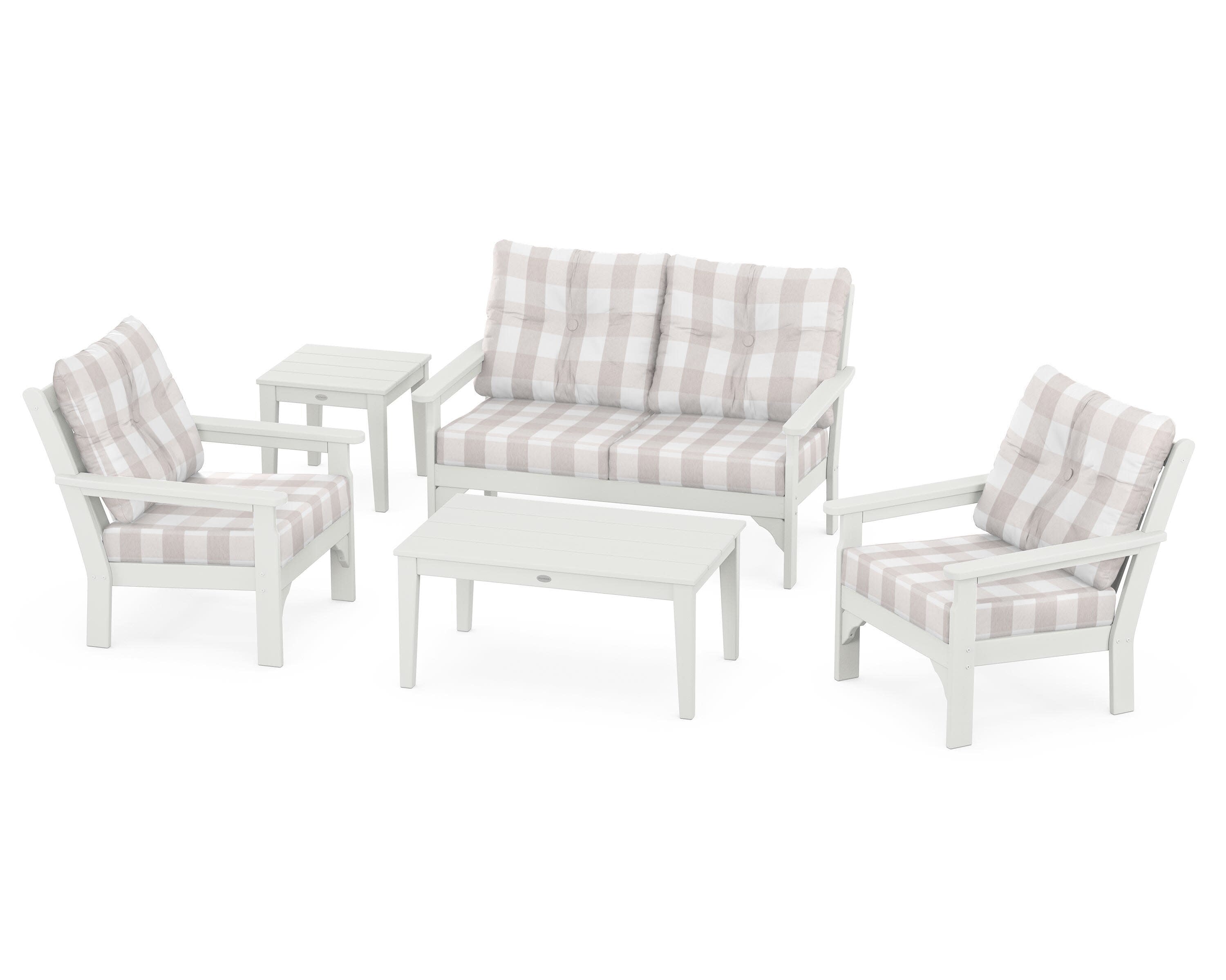 Vineyard 5-Piece Deep Seating Set in Vintage White / Buffalo Plaid Dune Burlap