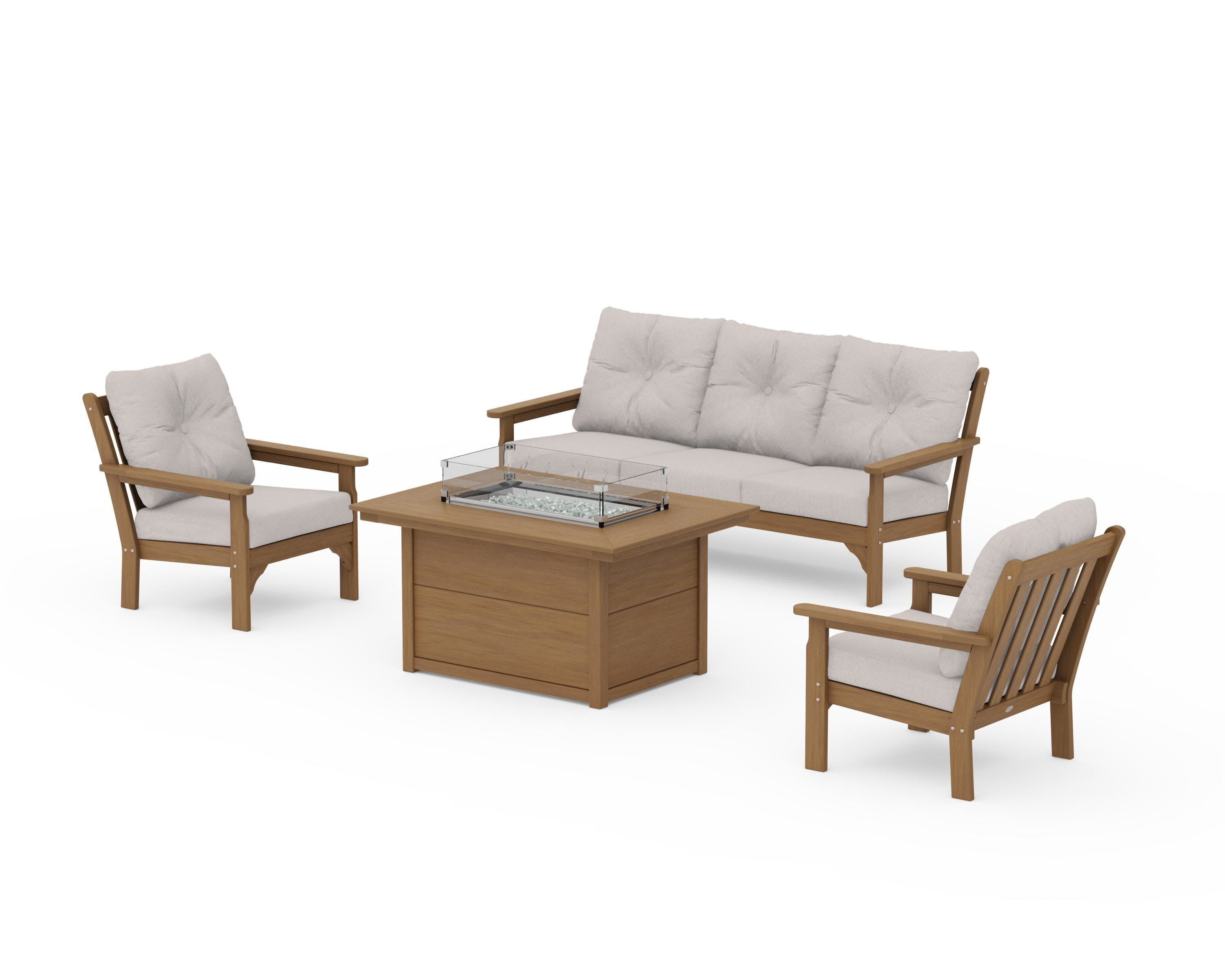 Vineyard Deep Seating Fire Pit Table Set in Natural / Dune Burlap