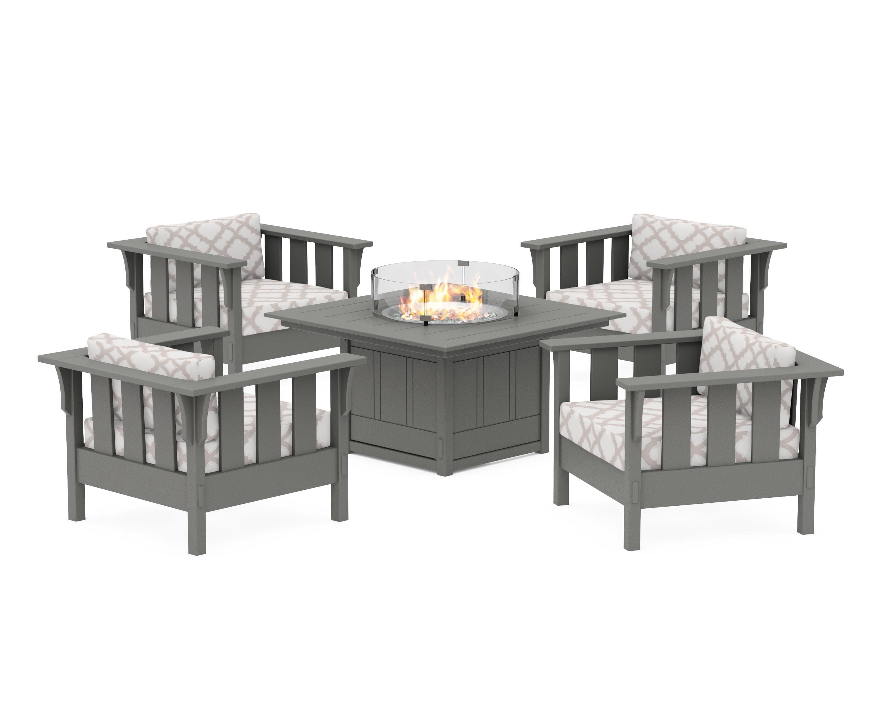 Acadia 5-Piece Deep Seating Set with Fire Pit Table in Slate Grey / Trellis Dune Burlap