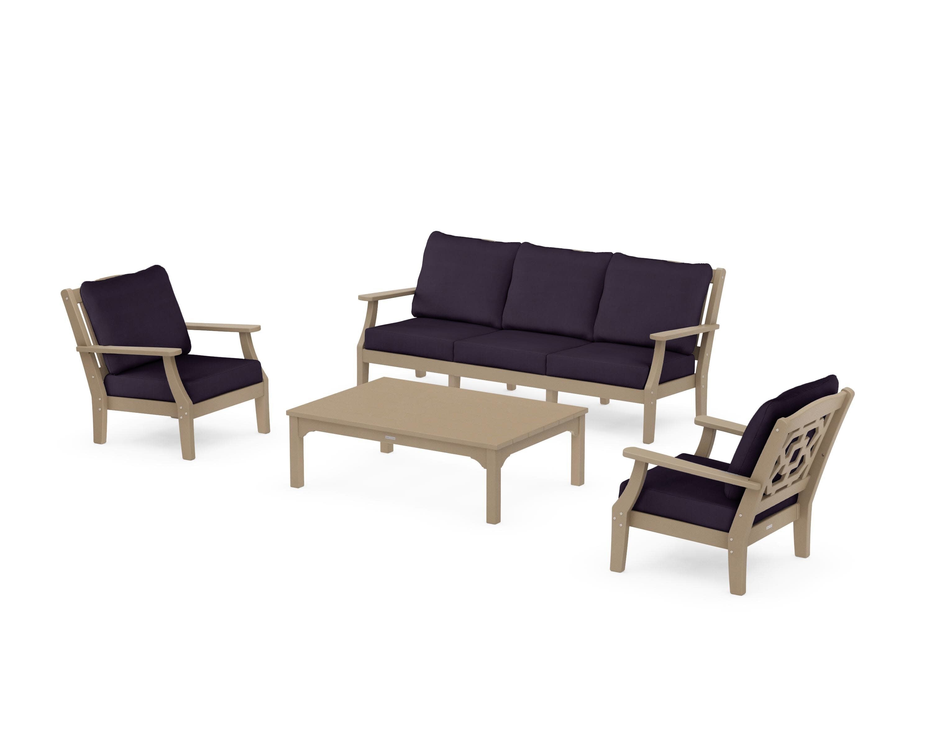 Chinoiserie 4-Piece Deep Seating Set with Sofa in Vintage Sahara / Navy Linen