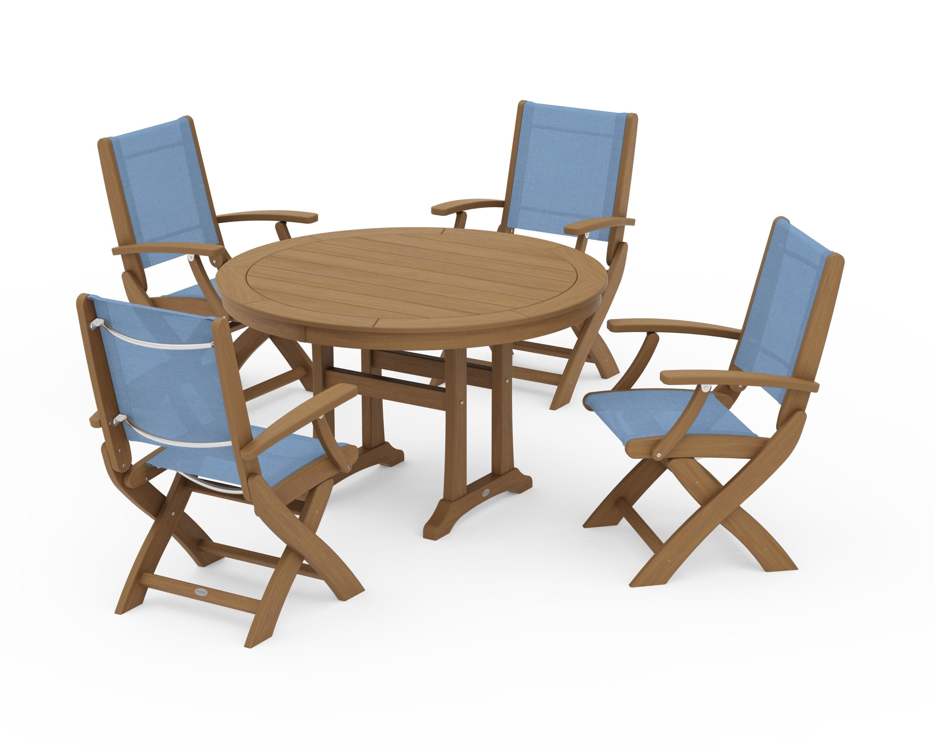 Coastal Folding Chair 5-Piece Round Dining Set with Trestle Legs in Natural / Poolside Sling