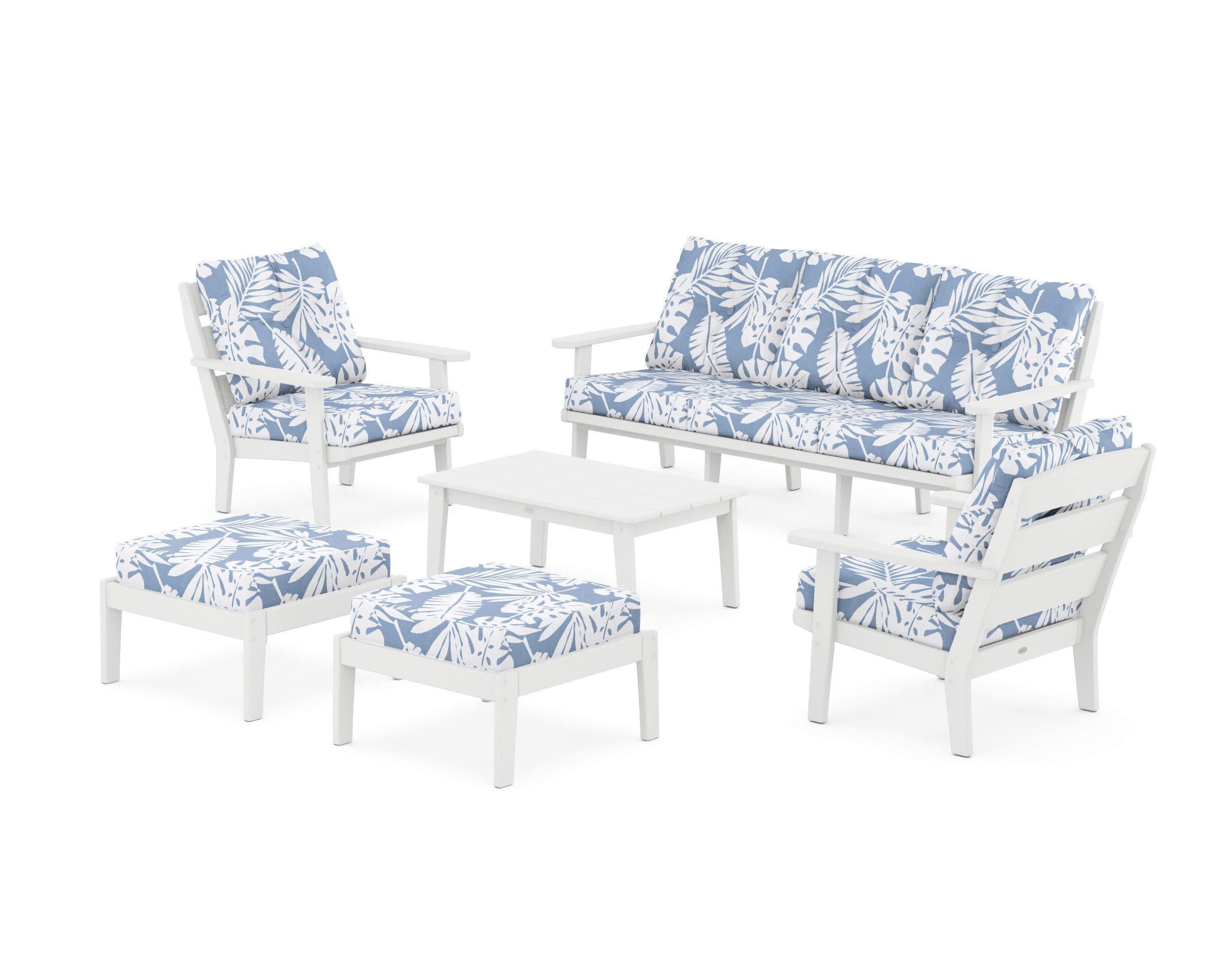 Lakeside 6-Piece Lounge Sofa Set in White / Leaf Sky Blue