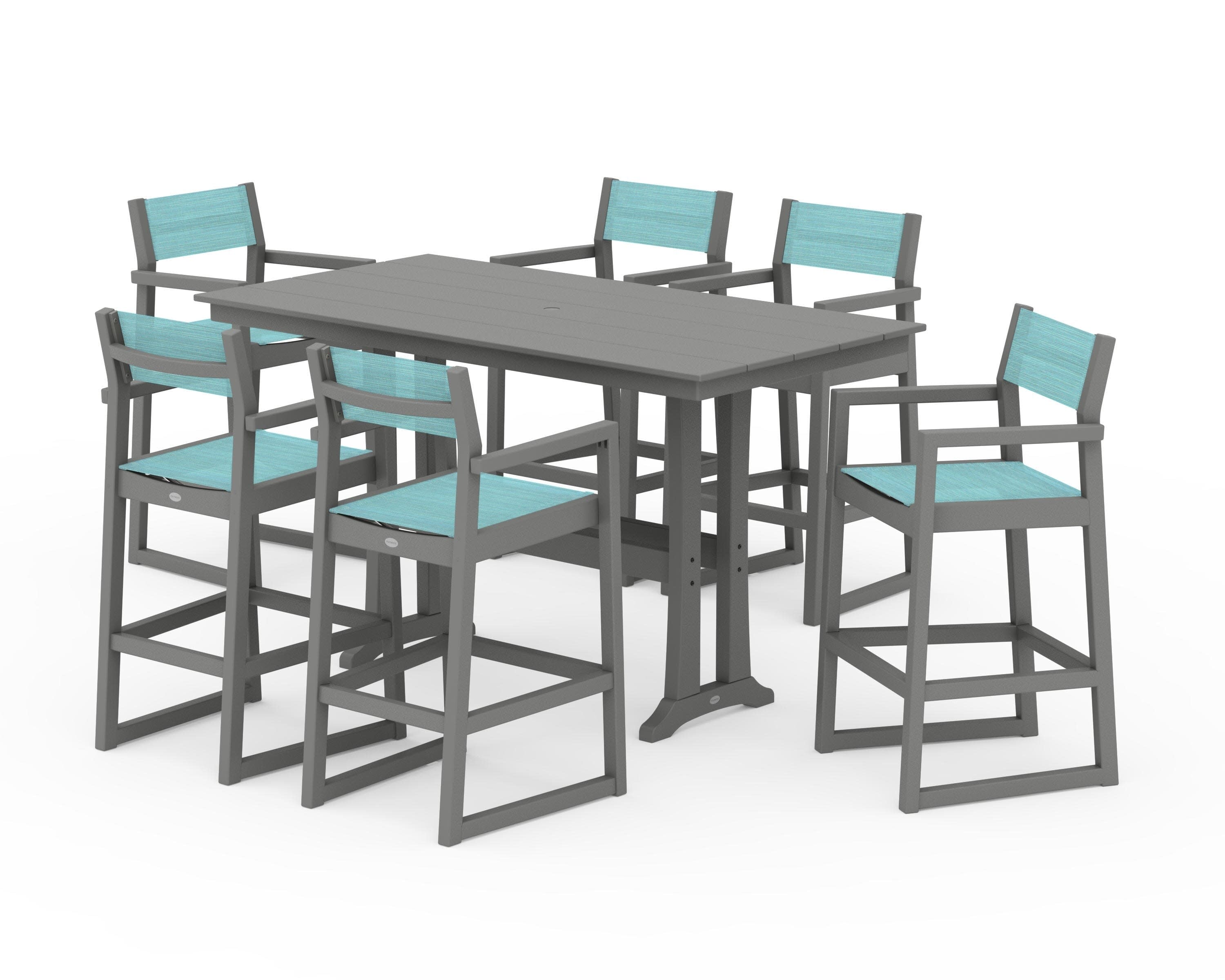 EDGE Sling Arm Chair 7-Piece Farmhouse Bar Set with Trestle Legs in Slate Grey / Dupioni Aquamarine Sling