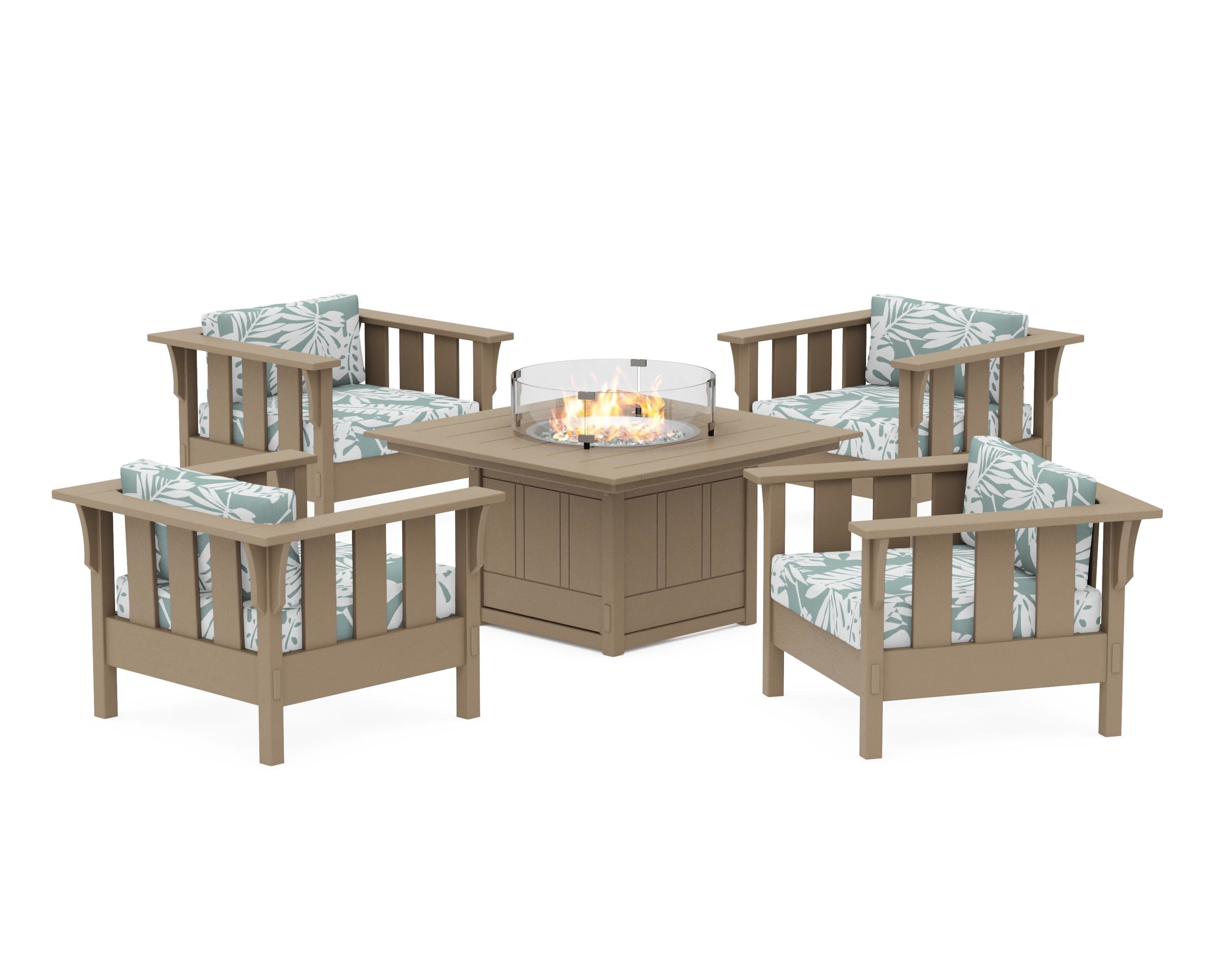 Acadia 5-Piece Deep Seating Set with Fire Pit Table in Vintage Sahara / Leaf Glacier Spa