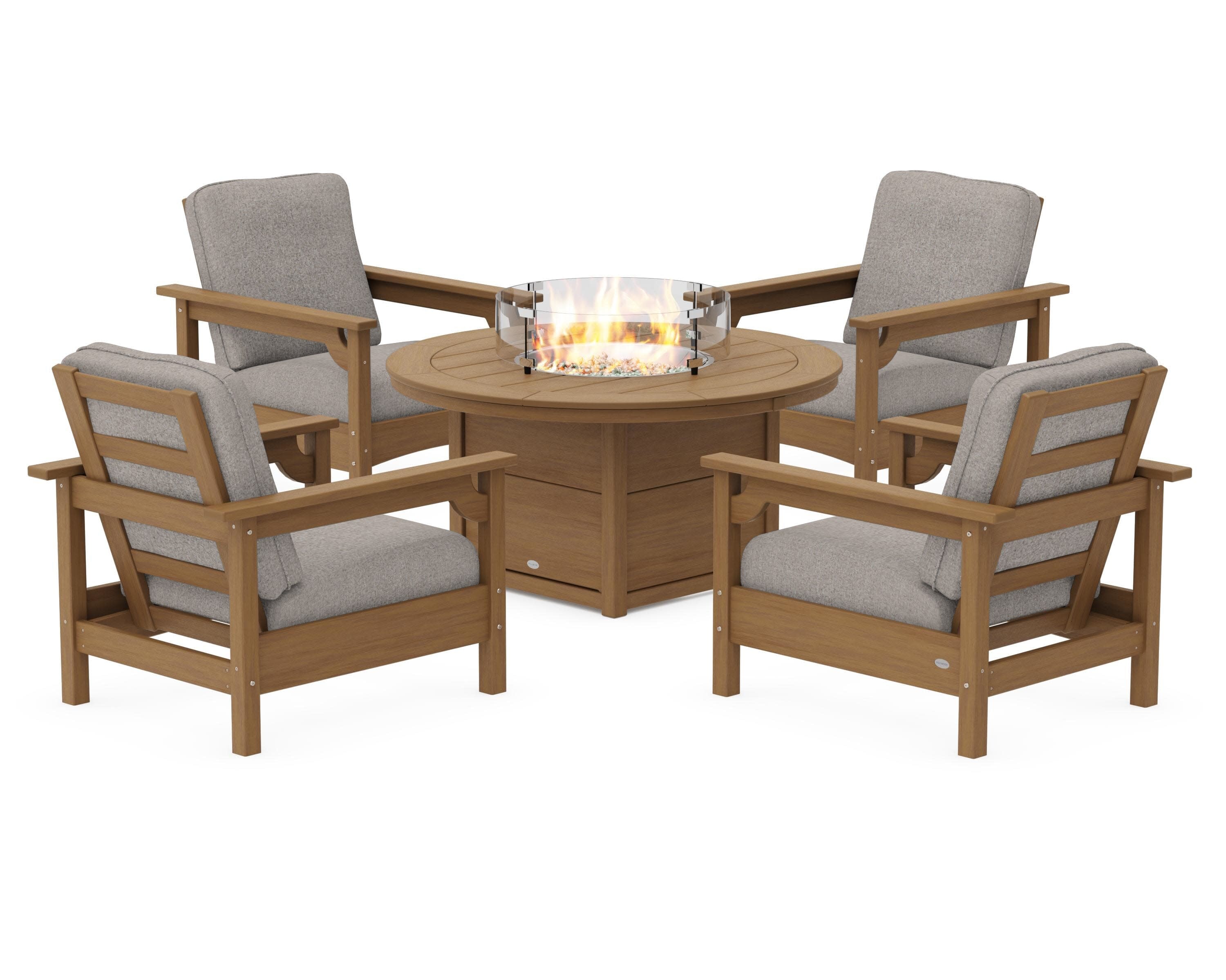 Club 5-Piece Conversation Set with Fire Pit Table in Natural / Weathered Tweed