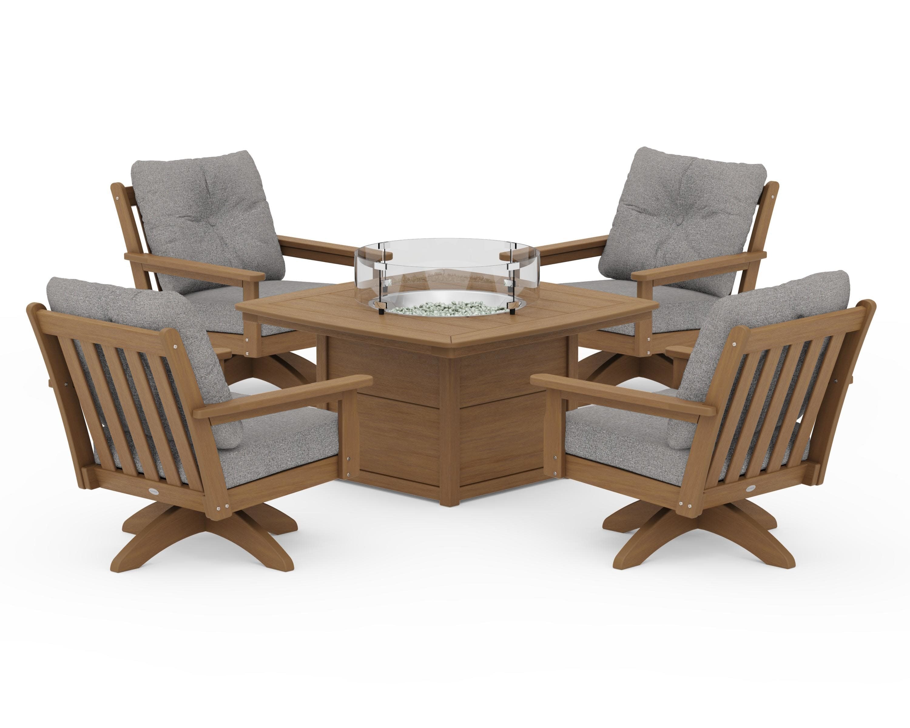 Vineyard 5-Piece Deep Seating Swivel Conversation Set with Fire Pit Table in Natural / Grey Mist