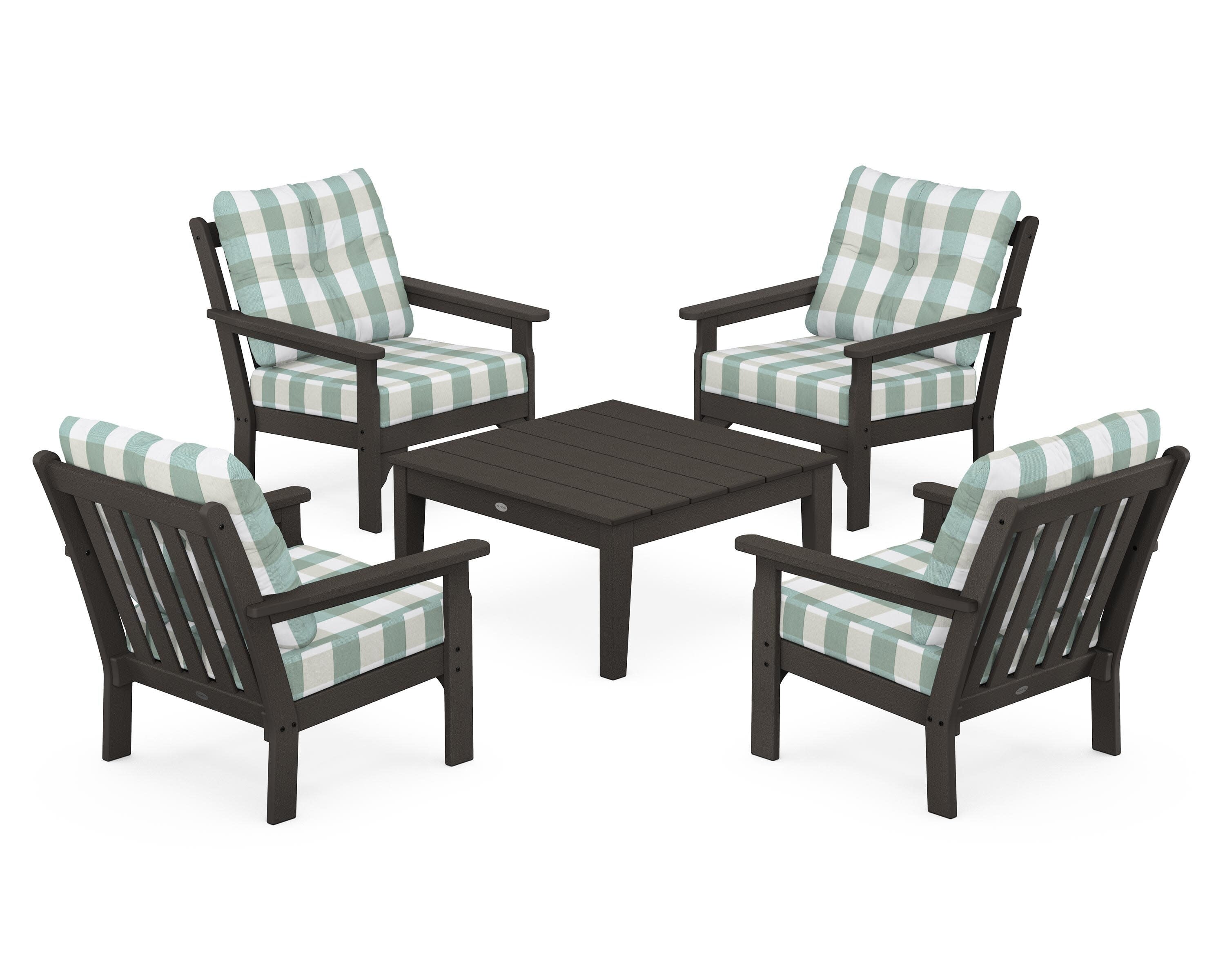 Vineyard 5-Piece Deep Seating Conversation Set in Vintage Coffee / Buffalo Plaid Glacier Spa