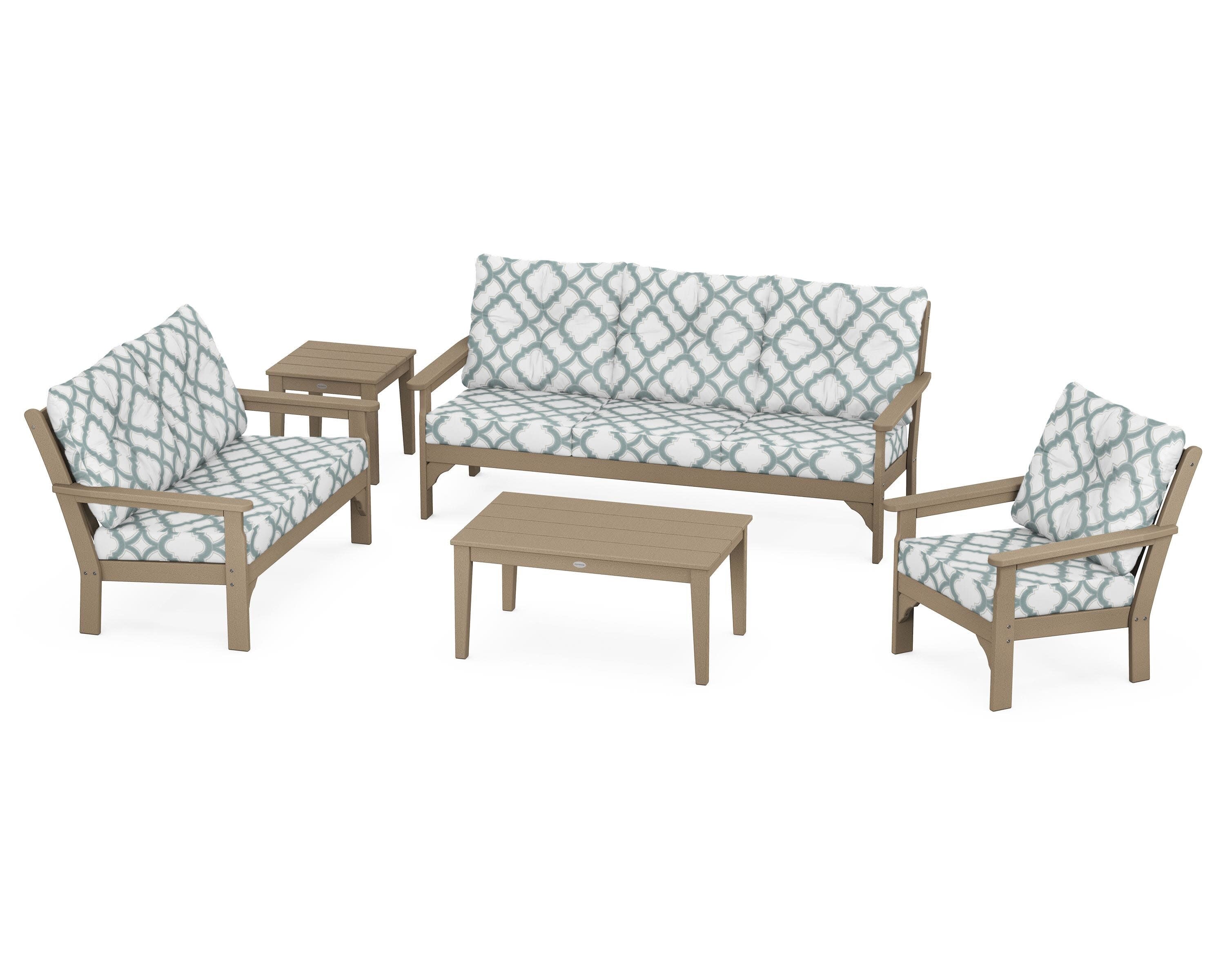 Vineyard 5 Piece Deep Seating Set in Vintage Sahara / Trellis Glacier Spa